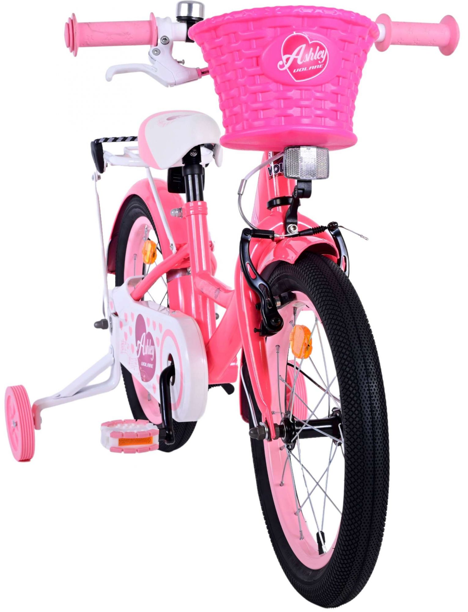 Rosa Kinderfahrrad mit Korb, Stützrädern und weißem Sitz. Lenker und Räder sind rosa.