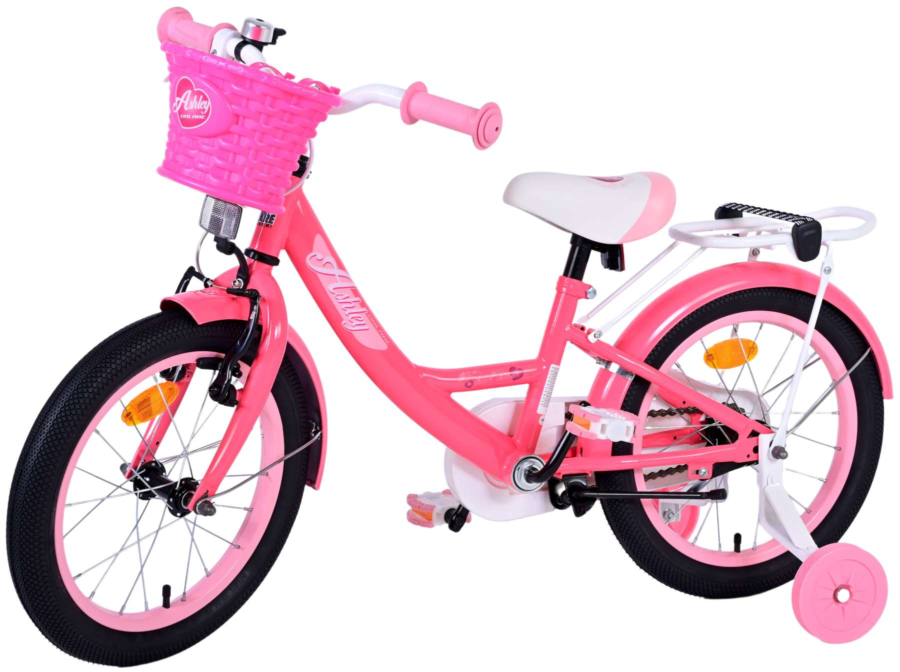 Rosa Mädchenfahrrad mit Korb und Stützrädern. Es hat einen rosafarbenen Rahmen und einen weißen Sitz.