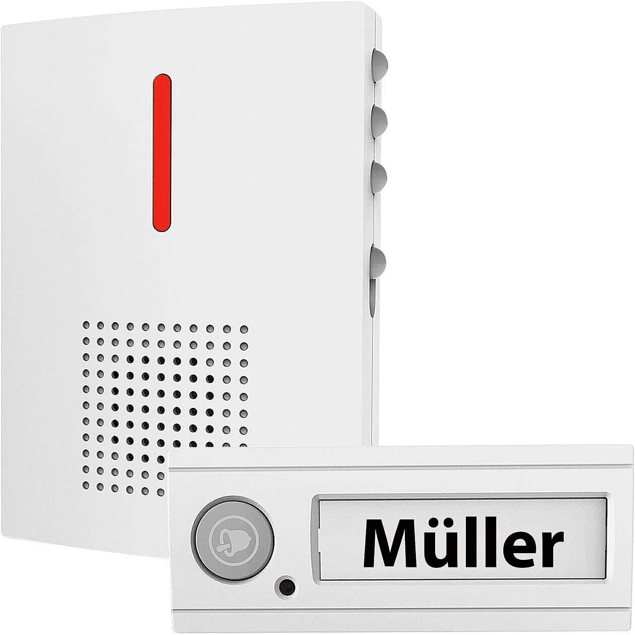 Eine weiße Türklingel mit rotem Streifen und eine separate Taste mit der Aufschrift 'Müller'.