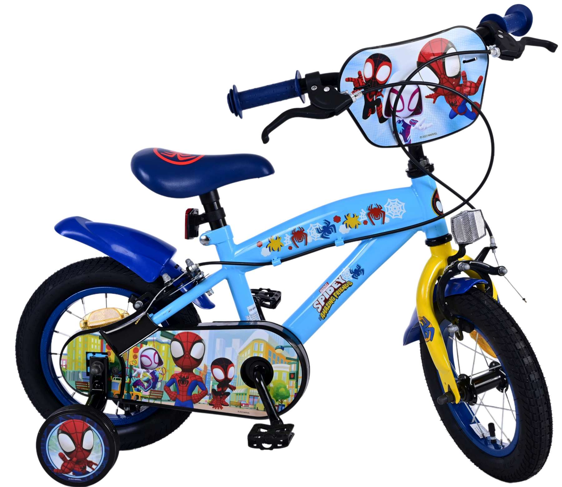 Blaues Spider-Man-Fahrrad mit Stützrädern, Spider-Man-Grafiken und blauem Lenker.
