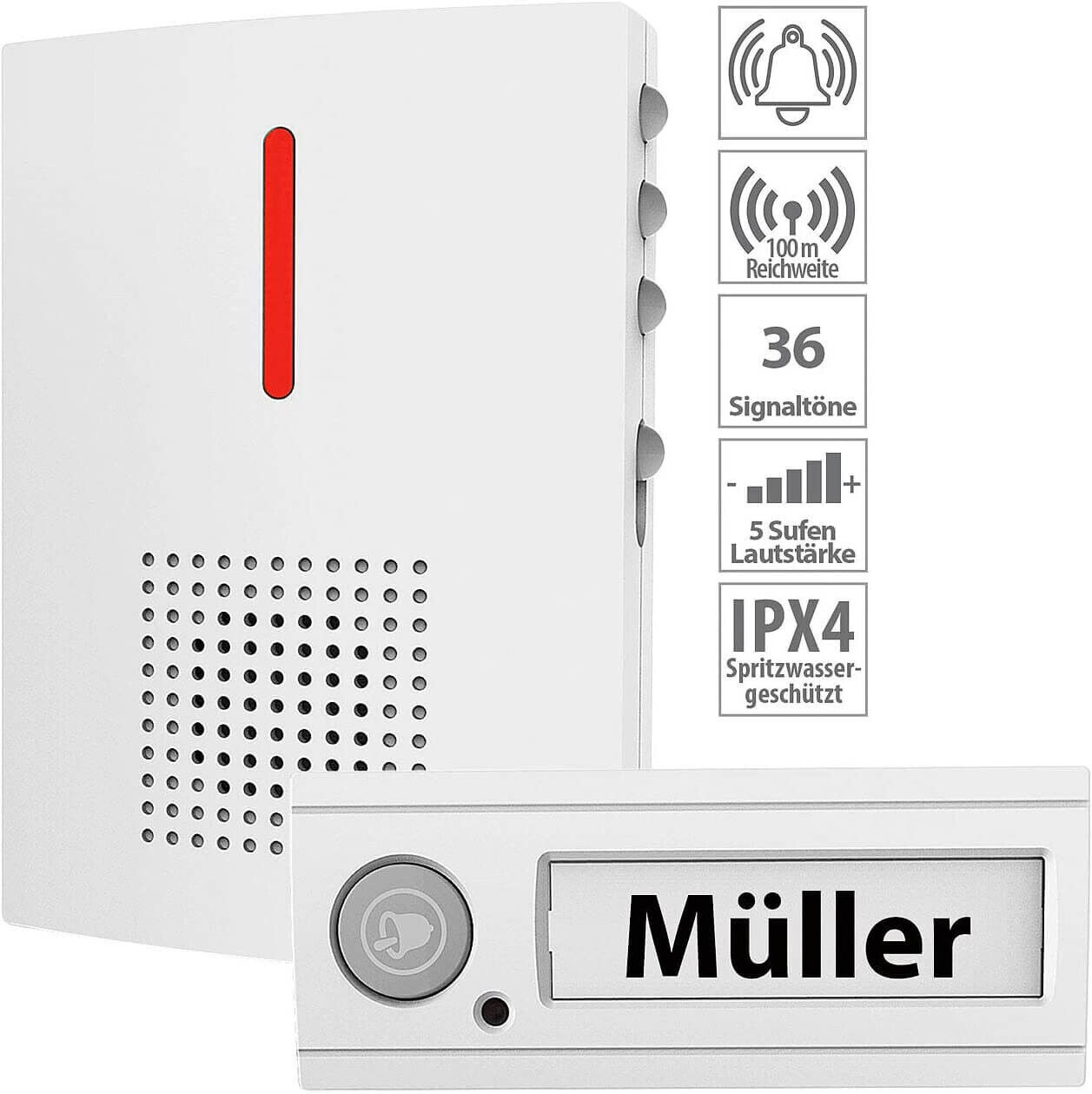 Weiße Türklingel mit rotem Licht und einem Knopf mit der Aufschrift 'Müller'.