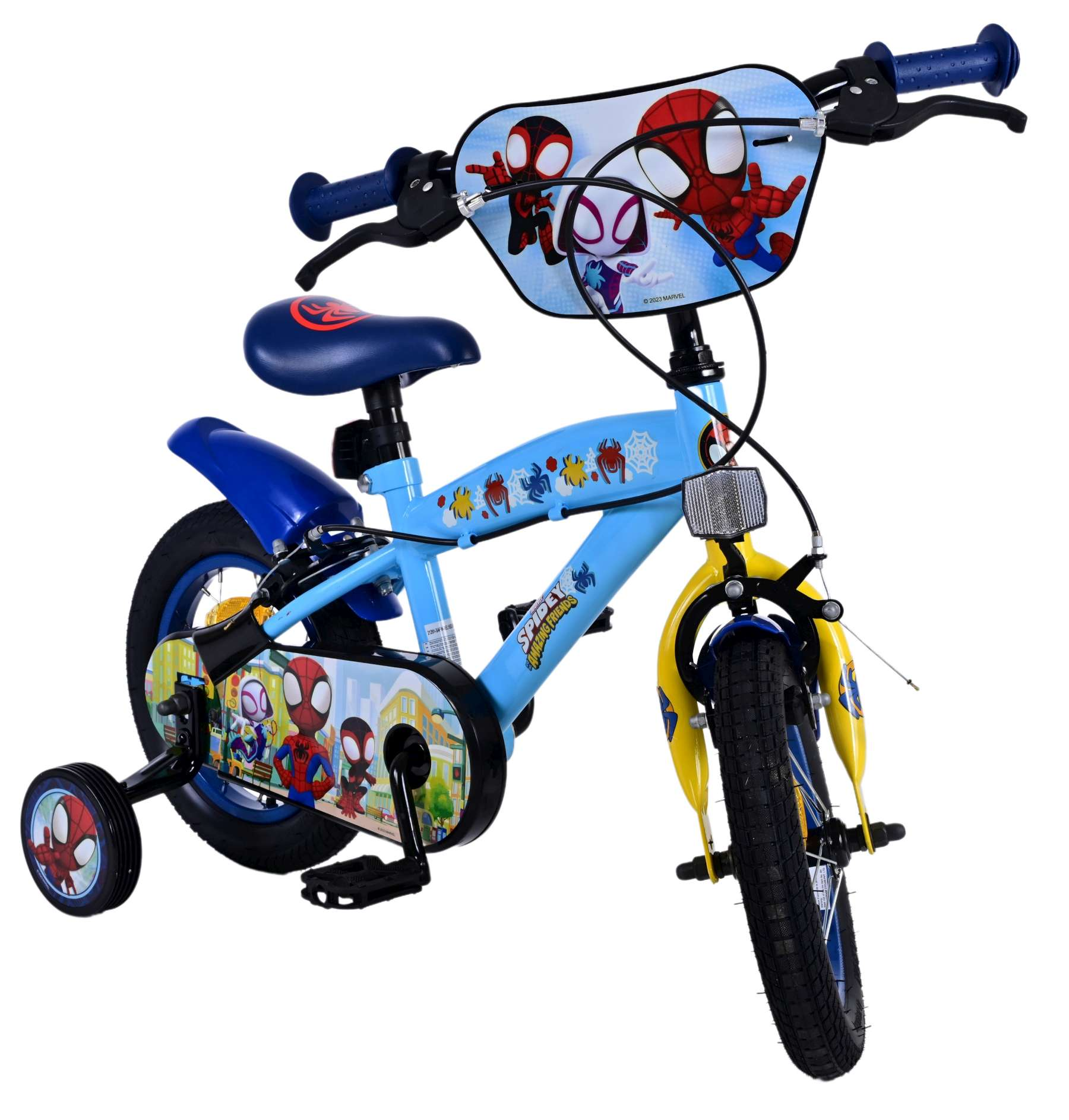 Ein blaues und rotes Fahrrad im Spider-Man-Design mit Stützrädern.