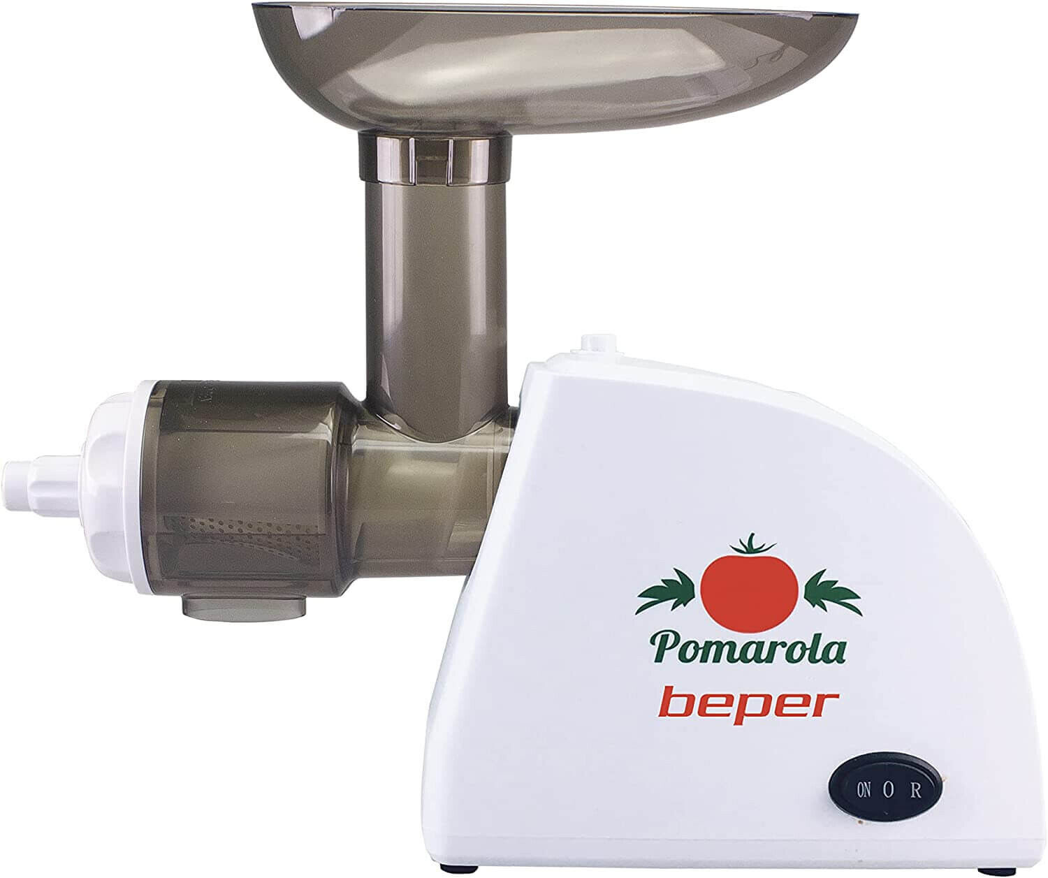 Weiß-grauer Foodprozessor mit dunkelgrauem Oberteil, einer Tomate und dem Wort 'beper' auf der Seite.