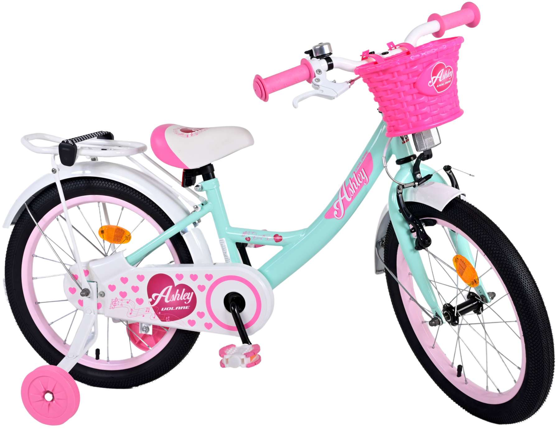 Ein hellblaues und rosa Kinderfahrrad mit Stützrädern und einem Korb.