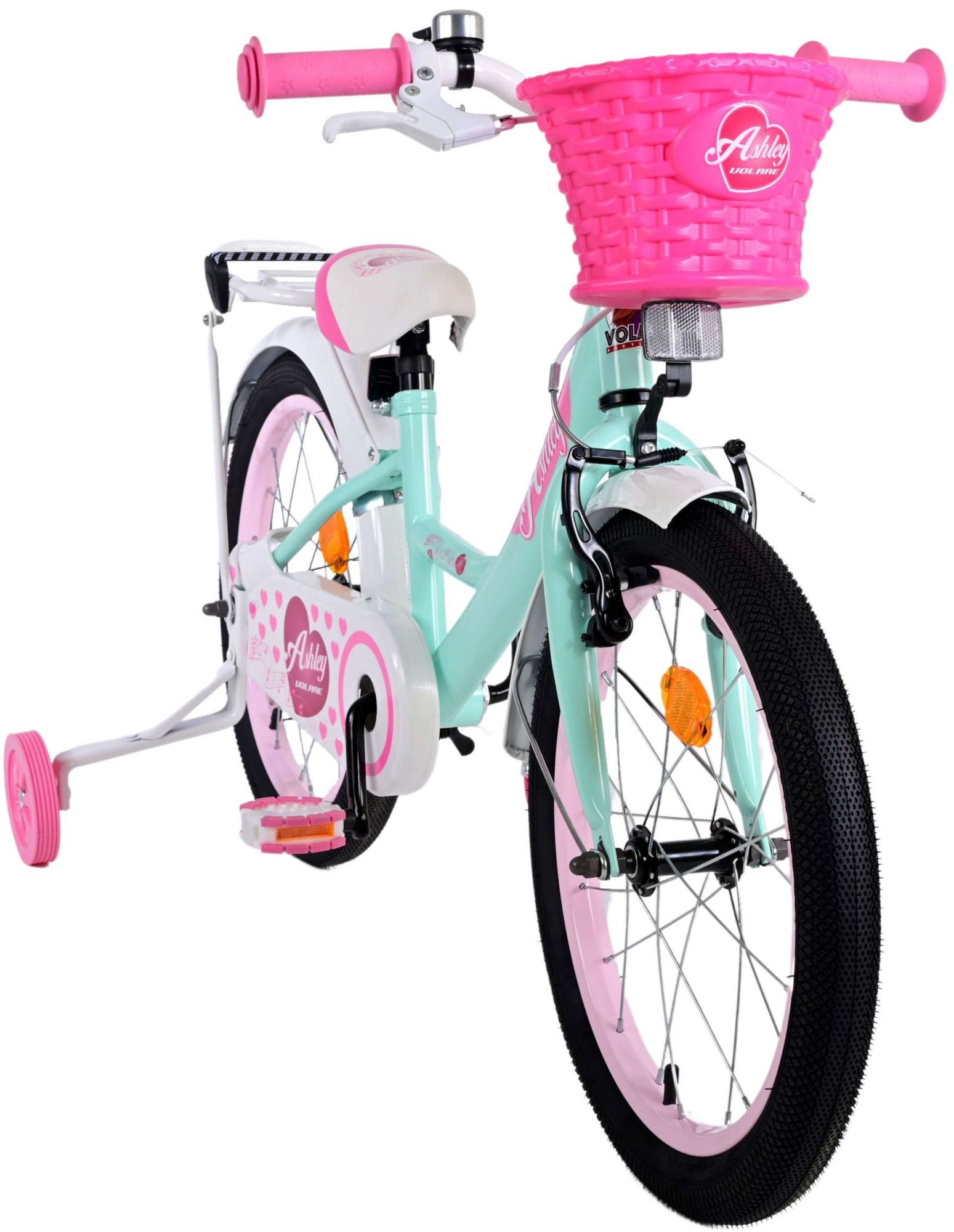 Rosa-blaues Mädchenfahrrad mit Stützrädern und Korb.