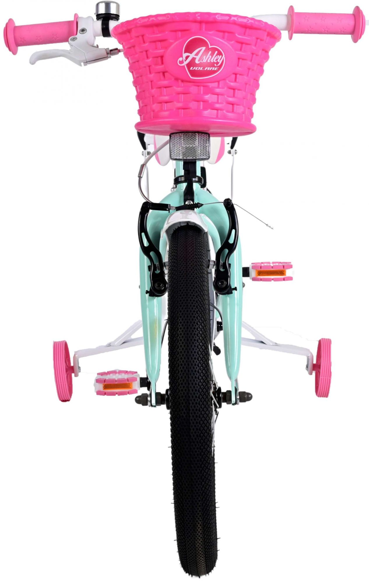 Rosa Fahrrad mit Stützrädern. Der Korb und die Stützräder sind rosa.