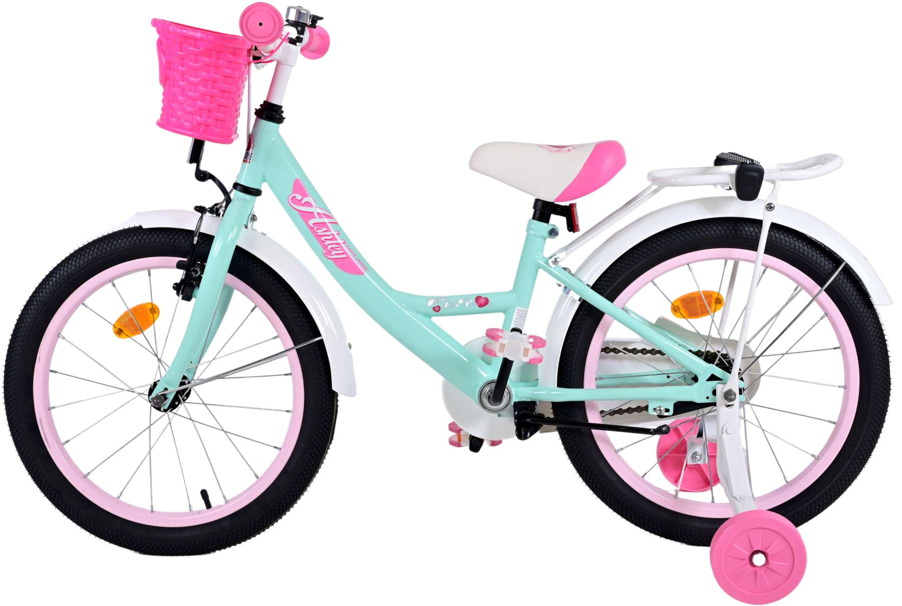 Mädchenfahrrad, Mintrahmen, rosa Korb, Stützräder. Rosa Akzente an Rädern und Sitz.