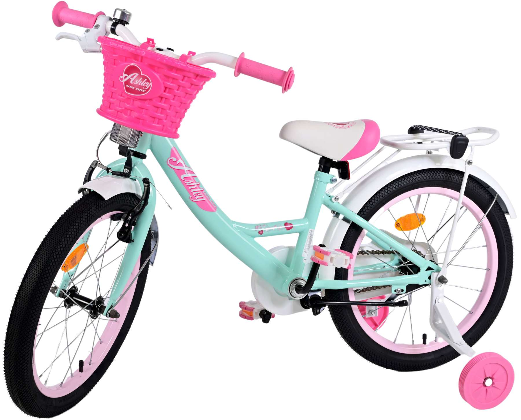 Minzgrünes und pinkfarbenes Mädchenfahrrad mit Korb und Stützrädern.