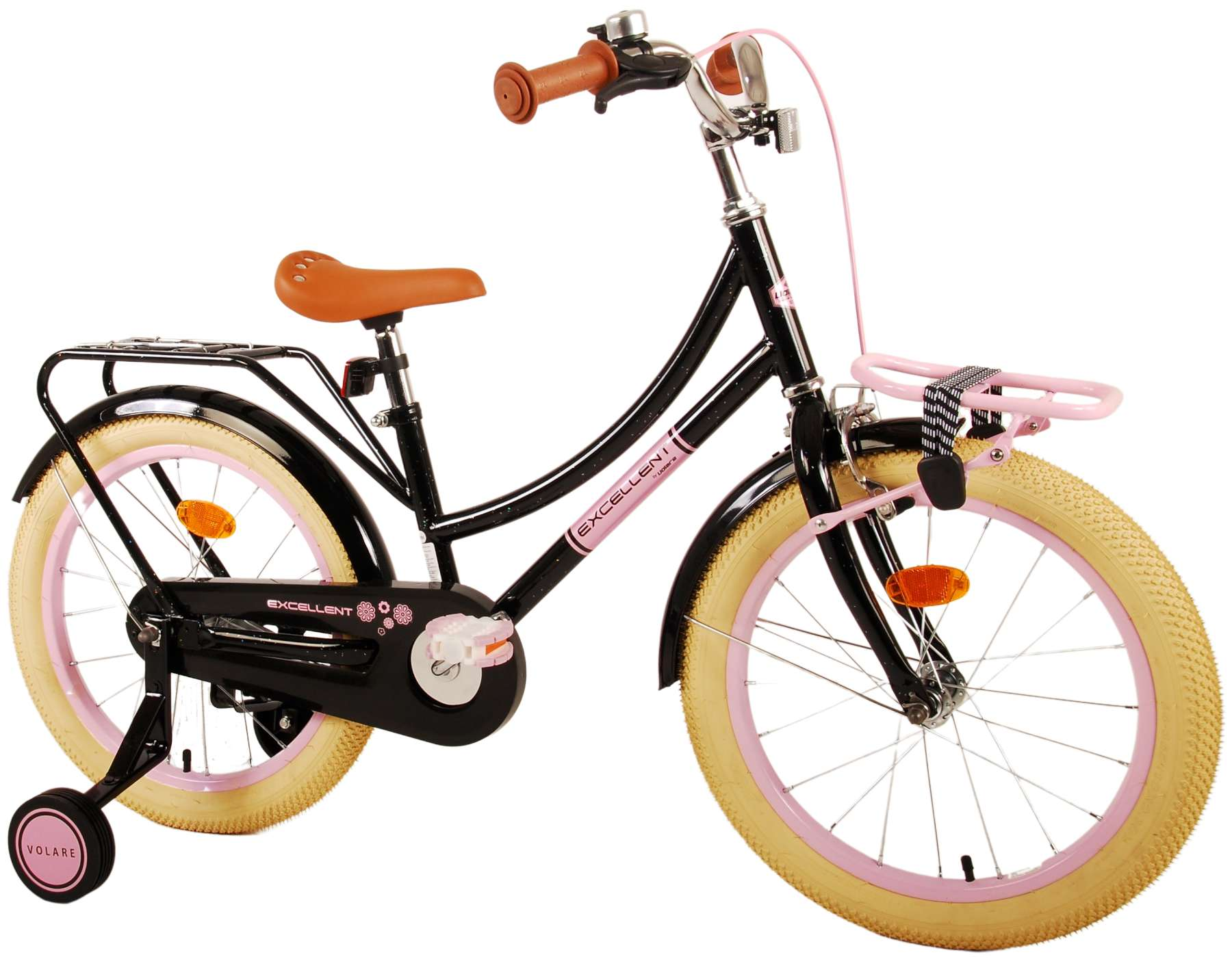 Ein schwarz-rosa Kinderfahrrad mit Stützrädern und einem Korb.