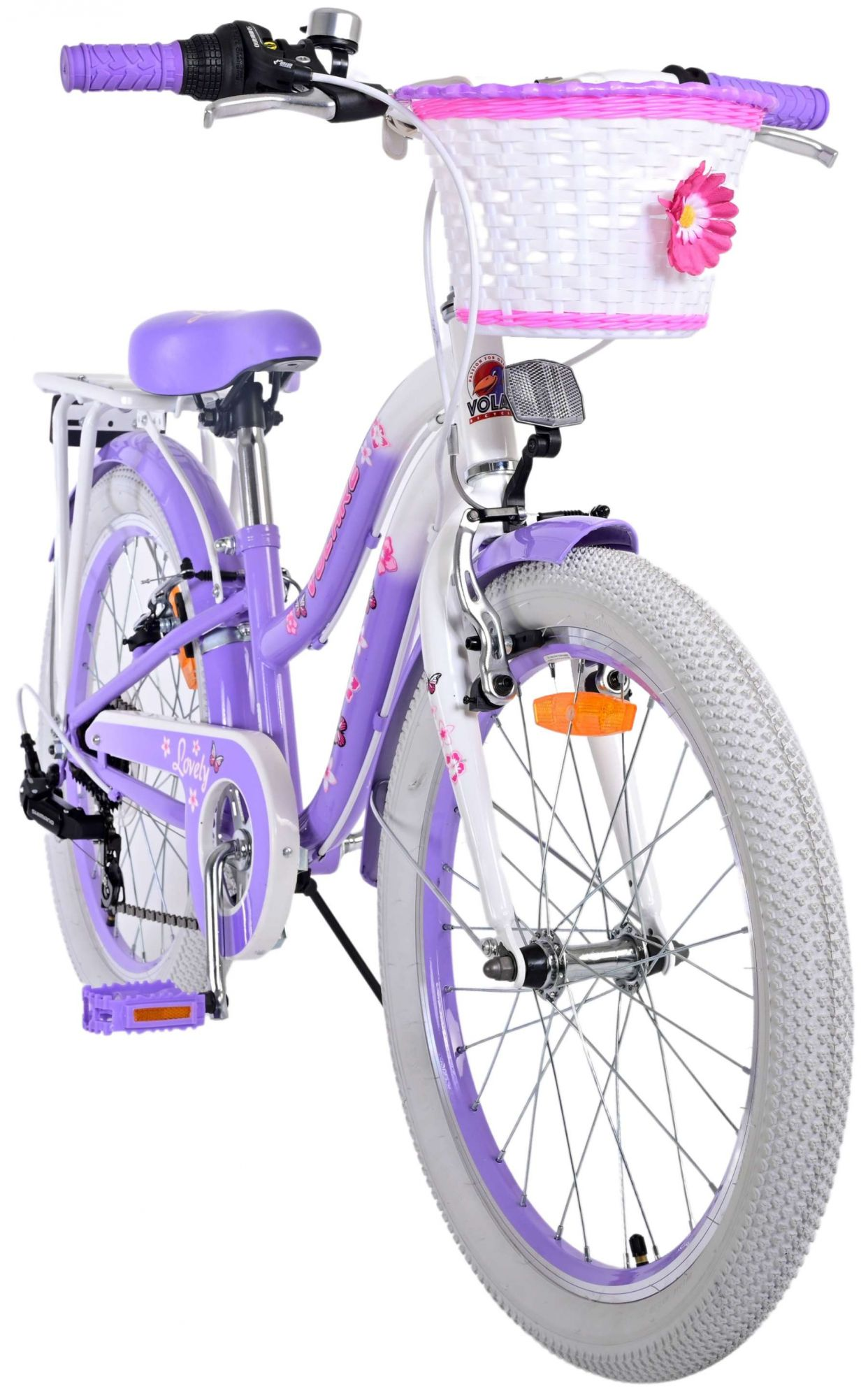 Lila Fahrrad mit weißem Korb und Reifen. Weiße und lila Akzente.