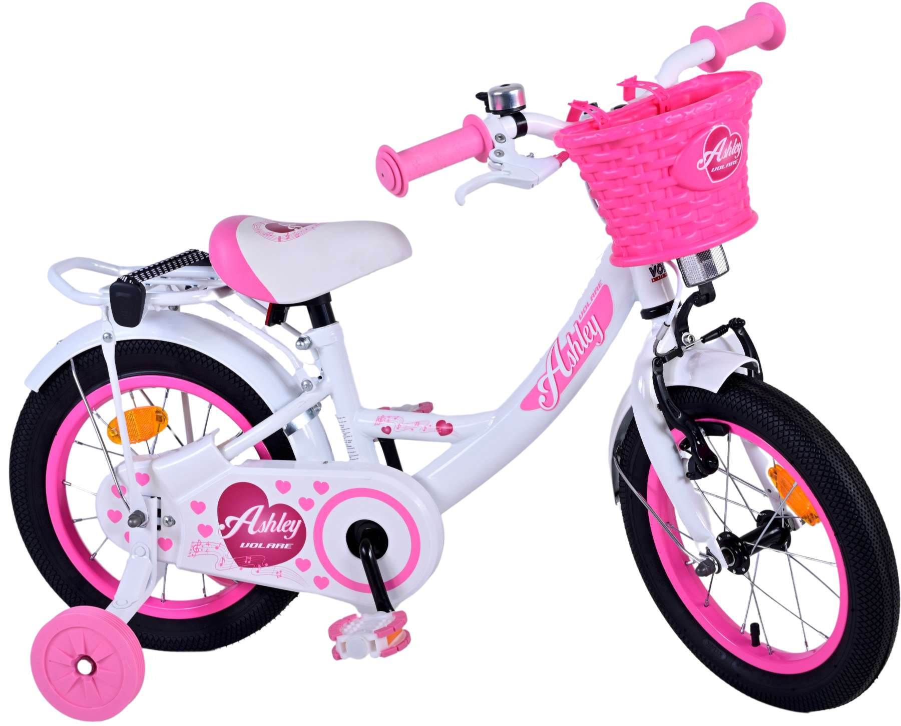Ein weißes Kinderfahrrad mit rosa Akzenten, einem rosa Korb und Stützrädern.