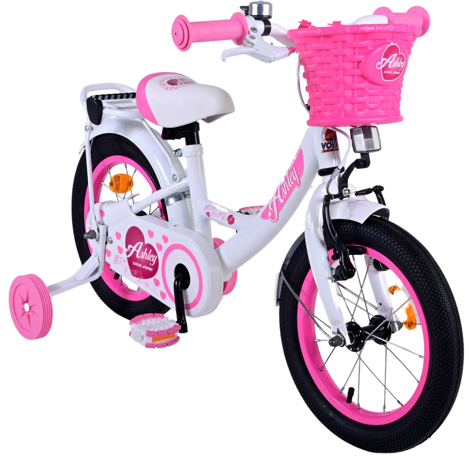 Weißes und rosa Kinderfahrrad mit Korb, Stützrädern und dem Namen 'Ashley'.