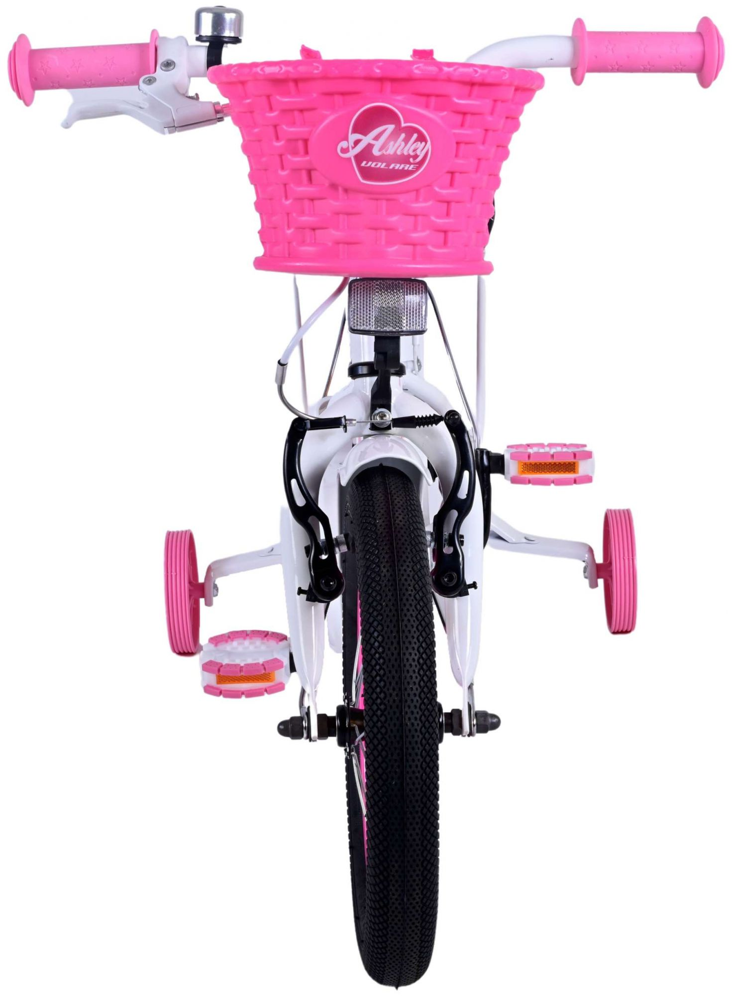 Ein rosa-weißes Kinderfahrrad mit Stützrädern und einem Korb. Vorderansicht.