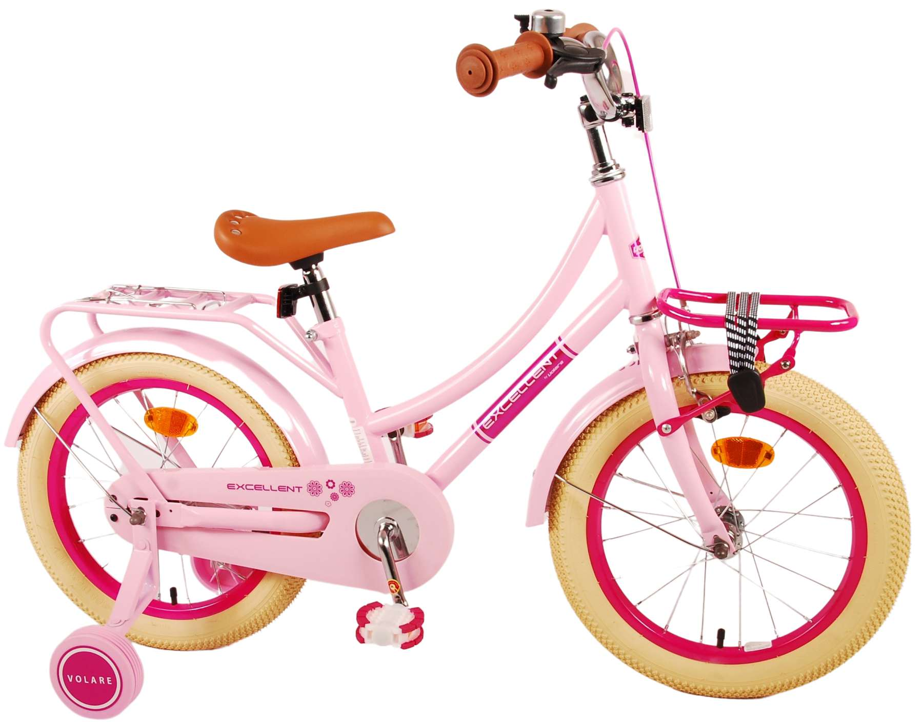Rosa Mädchenfahrrad mit Stützrädern. Brauner Sitz und Lenker. Pinker Korb. Die Marke ist Volare.