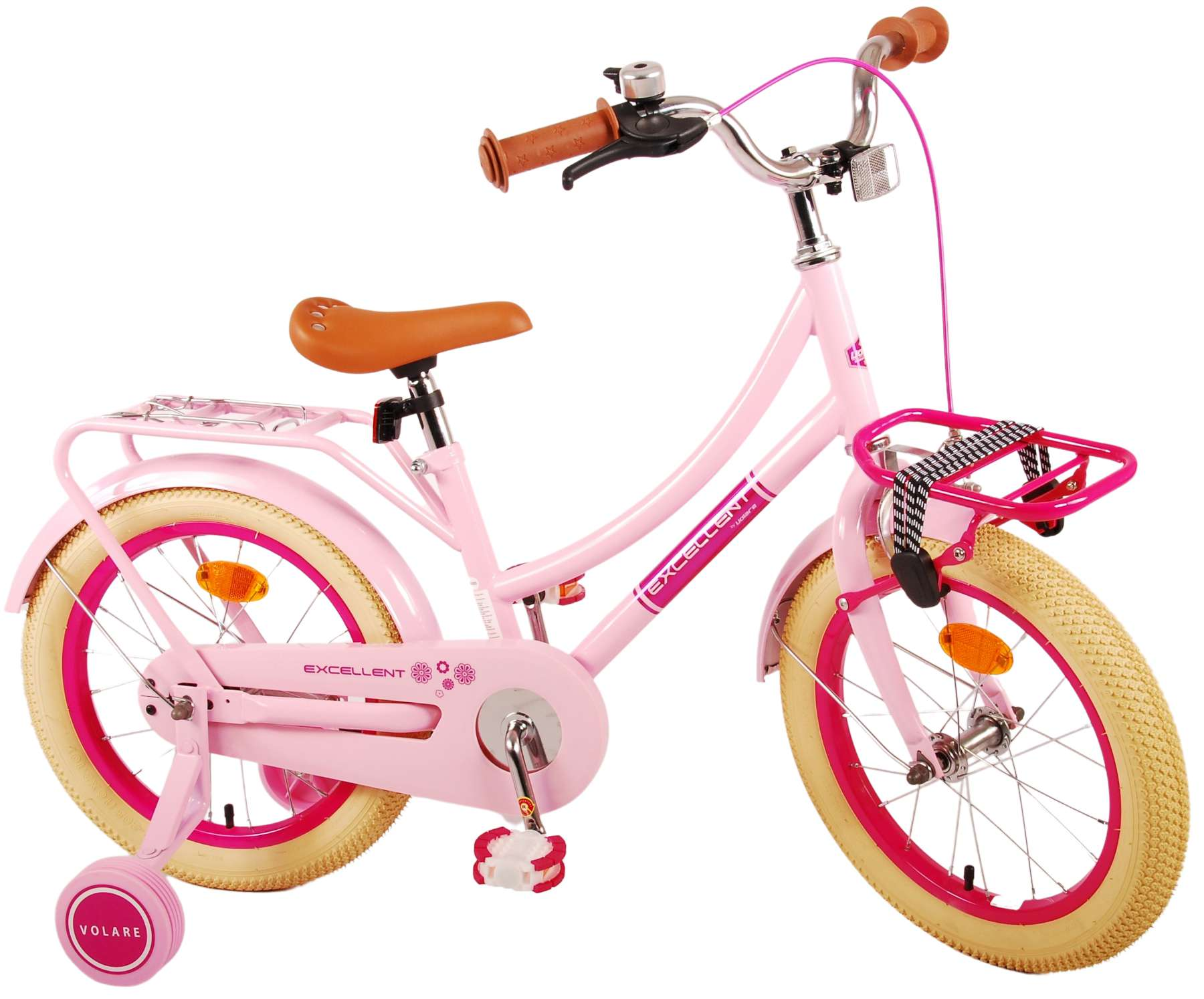 Rosa Kinderfahrrad mit Stützrädern, Korb und braunem Sattel. Mit dem Wort 'EXCELLENT'.
