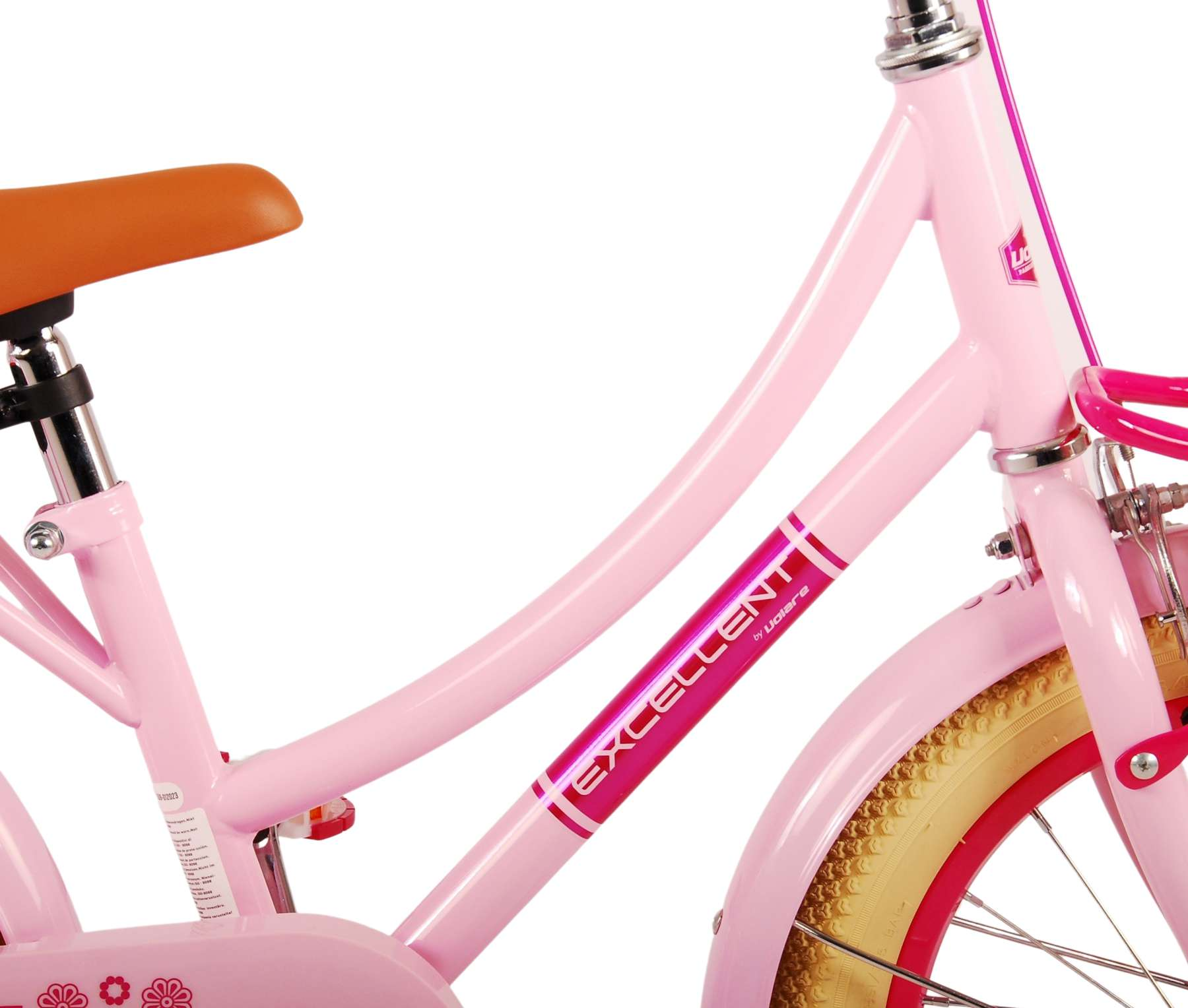 Rosa Fahrradrahmen mit rosa Akzenten, einem braunen Sitz und dem Wort 'EXCELLENT'.