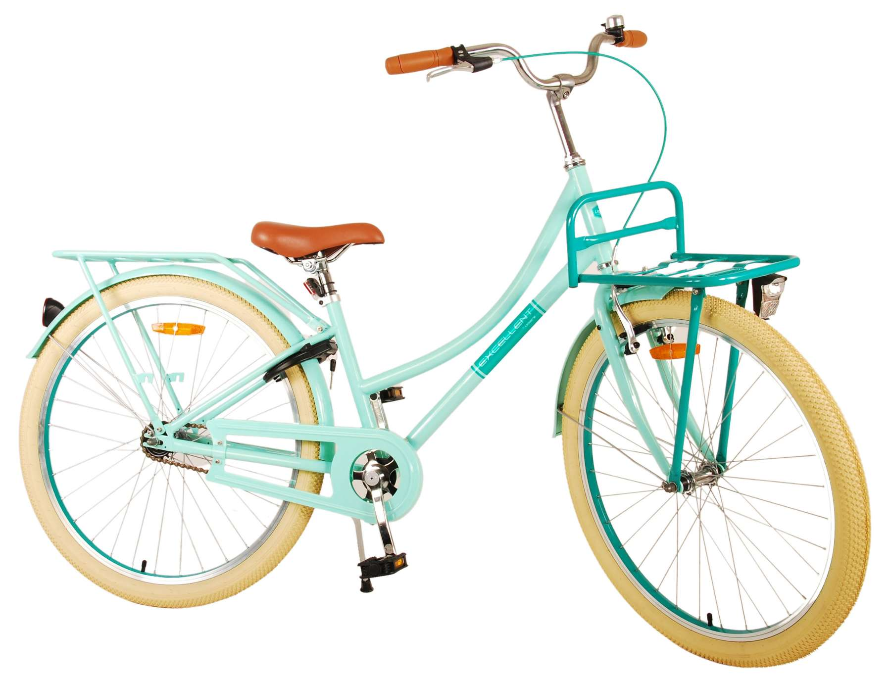 Ein mintfarbenes Fahrrad mit braunem Sattel und Lenker, einem Korb und cremefarbenen Reifen.