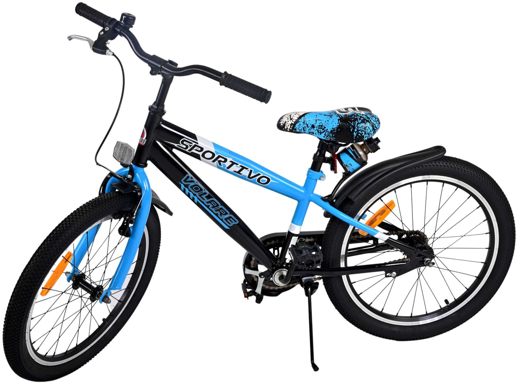Blaues und schwarzes 'Sportivo'-Fahrrad mit hellblauem Rahmen und schwarzen Reifen.