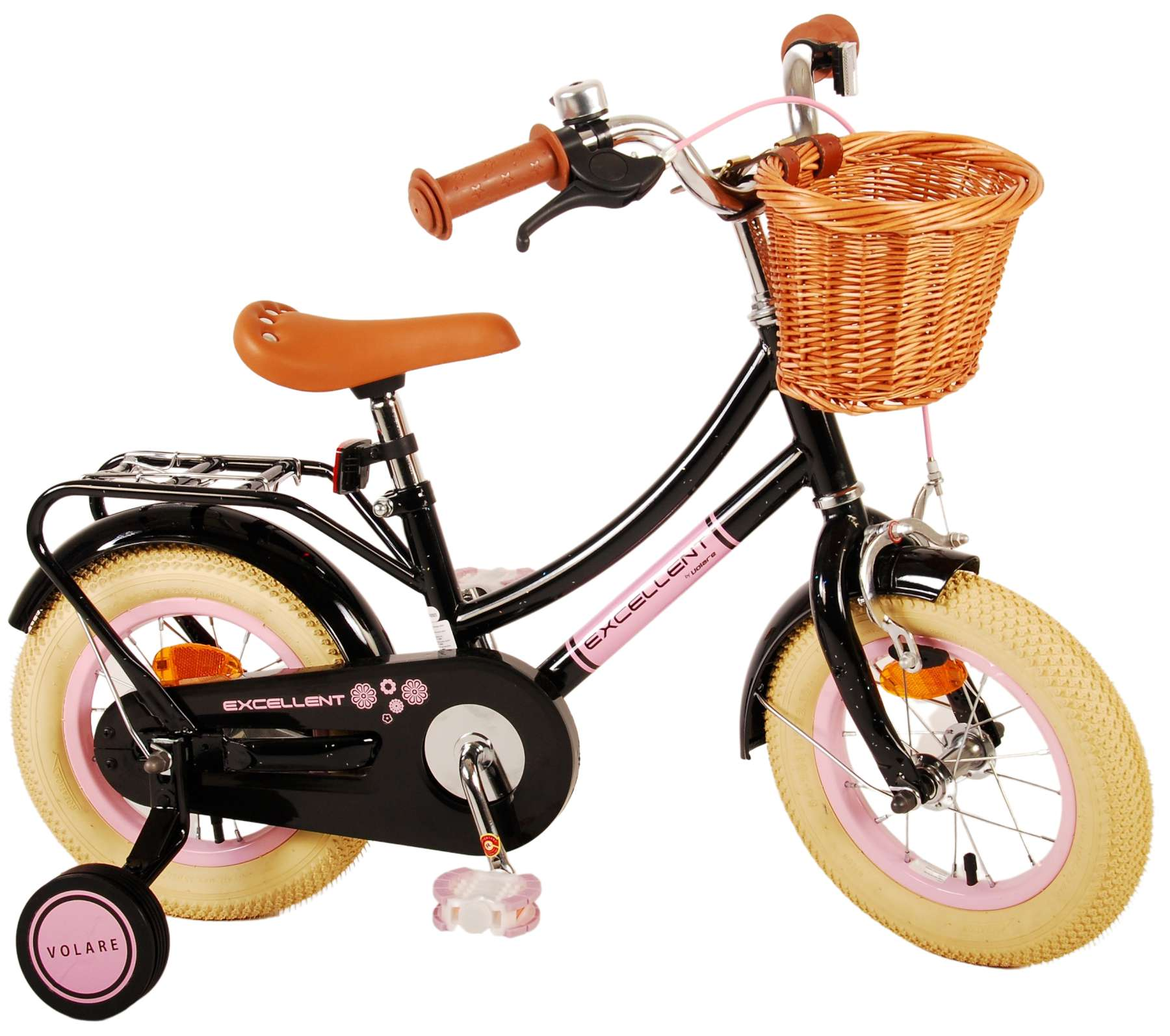 Ein schwarzes Kinderfahrrad mit rosa Akzenten, einem Weidenkorb und Stützrädern.
