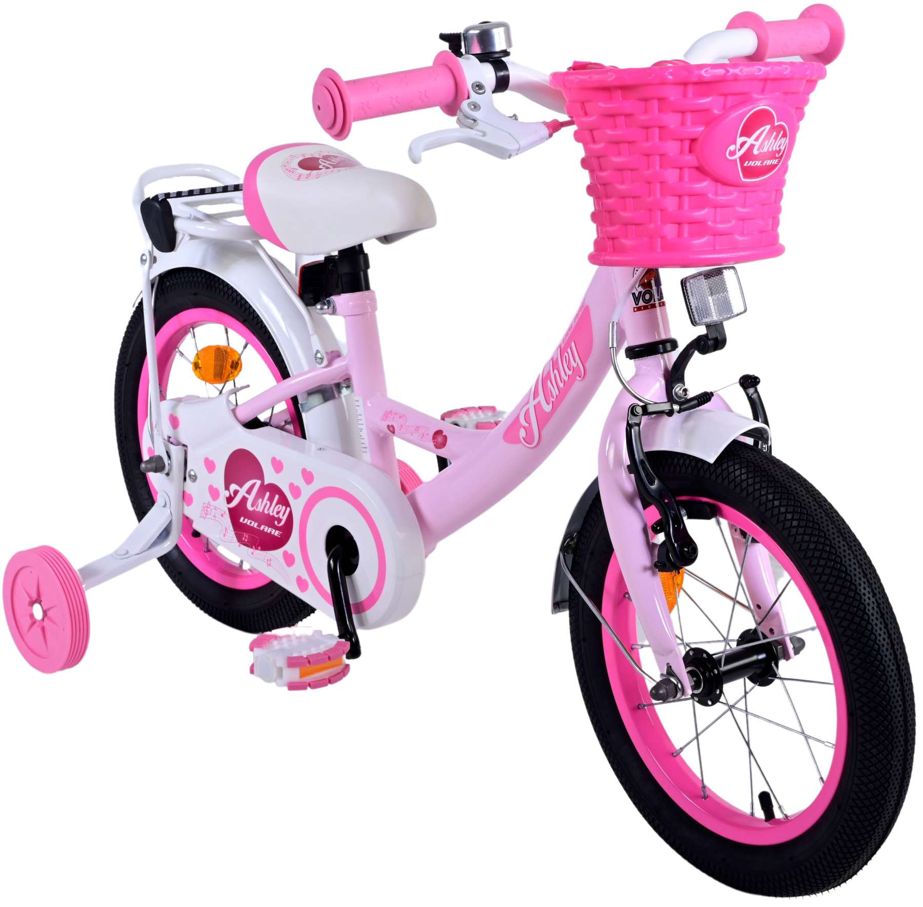 Ein rosa Kinderfahrrad mit Korb, Stützrädern und weißem Sitz. Das Fahrrad ist rosa und weiß.