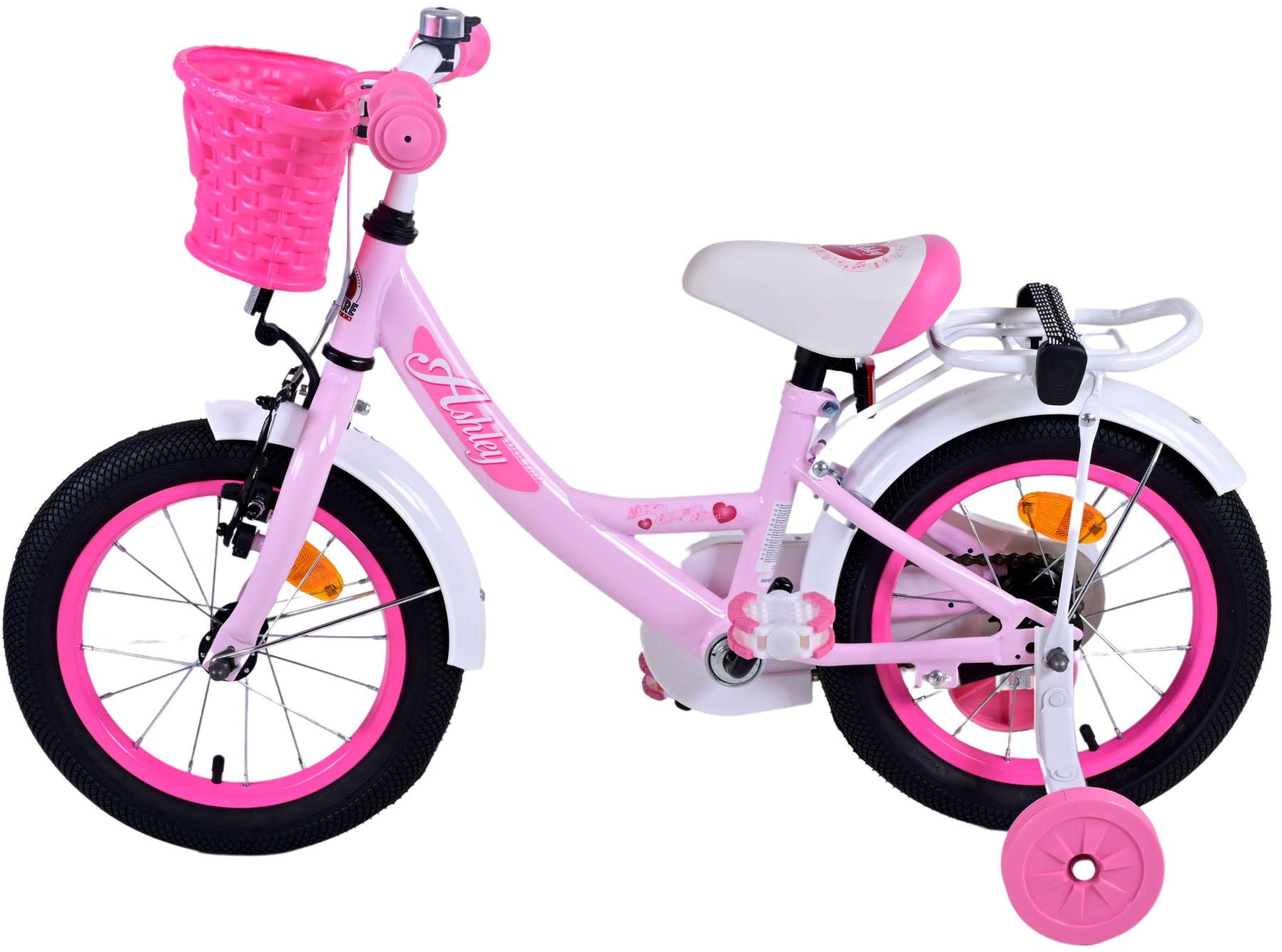 Rosa Kinderfahrrad mit Korb, Stützrädern und weißen Kotflügeln. Pinke Akzente auf weißem Rahmen.