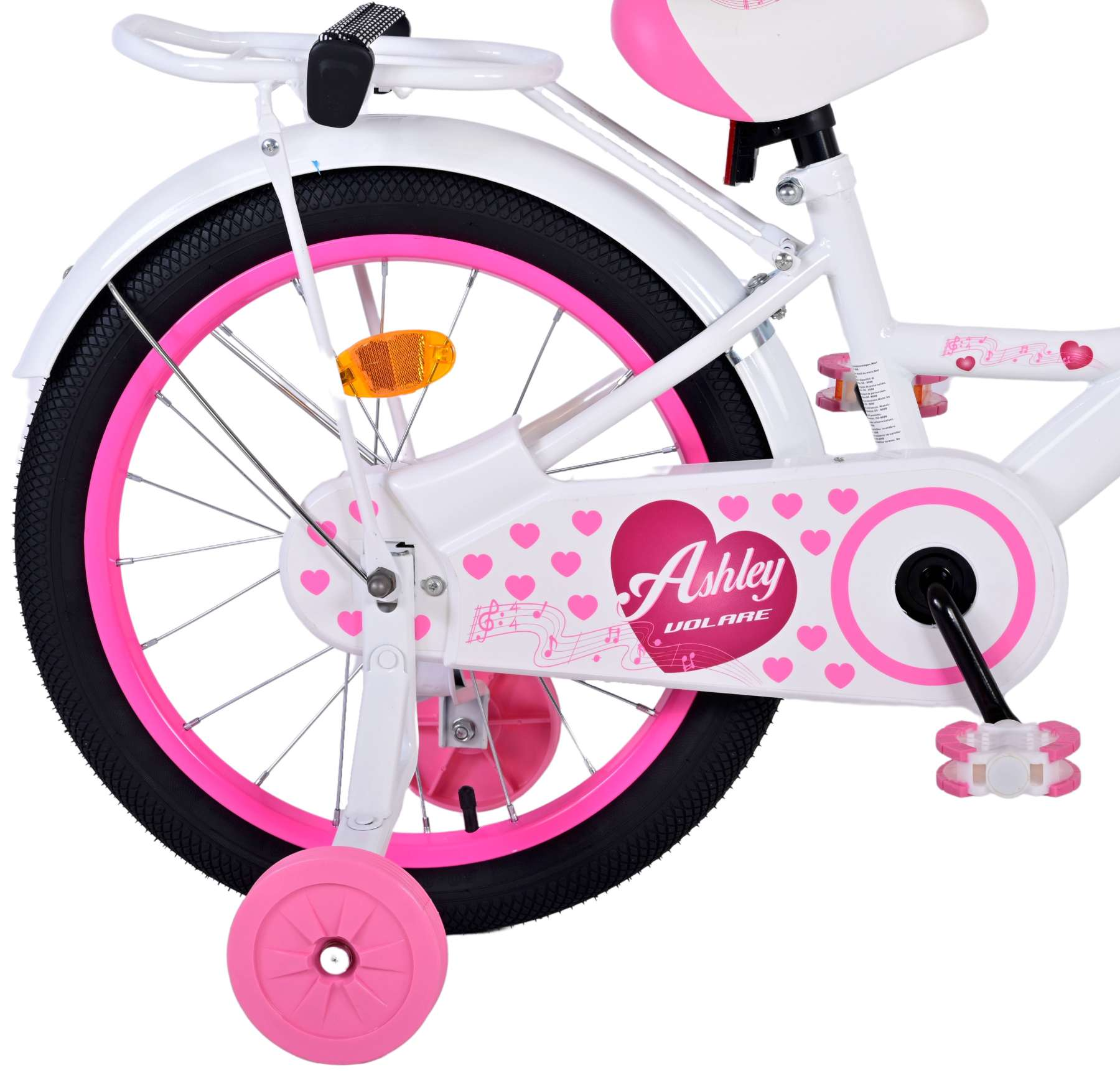 Nahaufnahme eines Fahrradrads, rosa und weißes Design, mit einem rosa Stützrad. Weißer Hintergrund.
