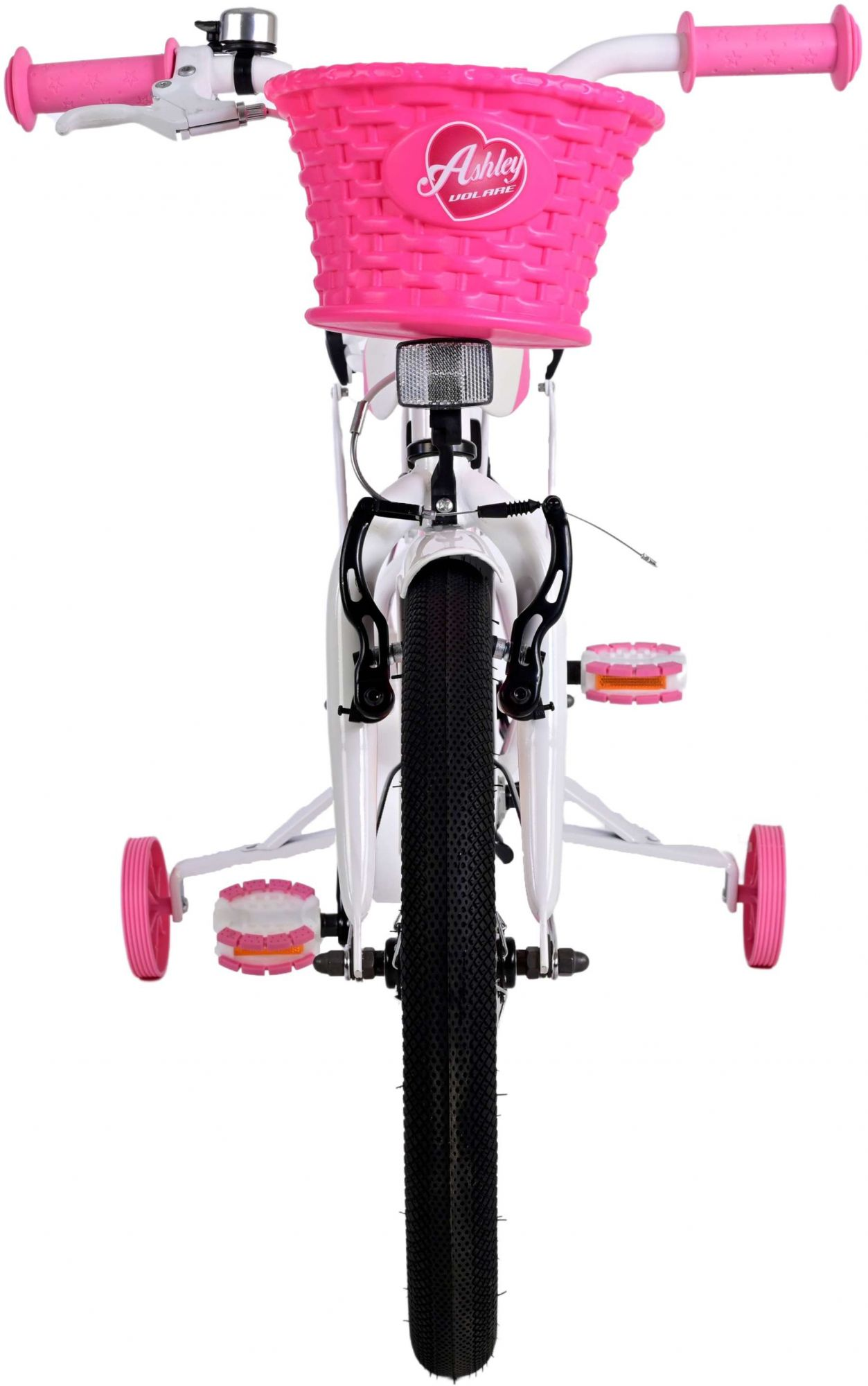 Rosa Kinderfahrrad mit Korb und Stützrädern, von vorne gesehen.