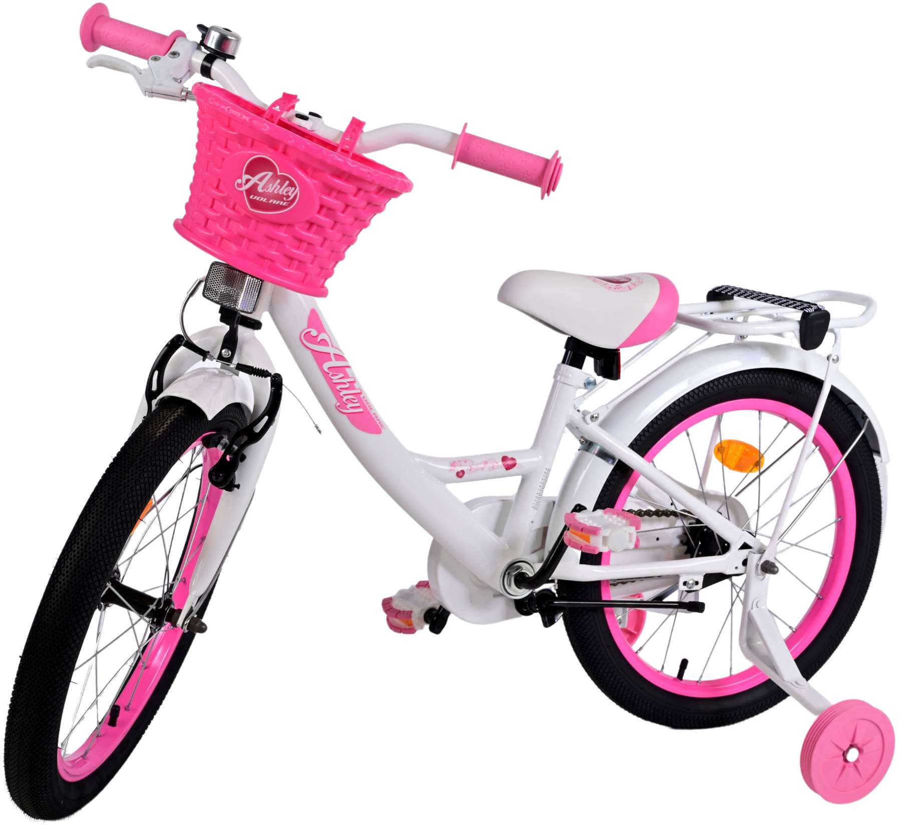 Weißes Fahrrad mit rosa Korb und Stützrädern. Der Markenname Ashley ist sichtbar.