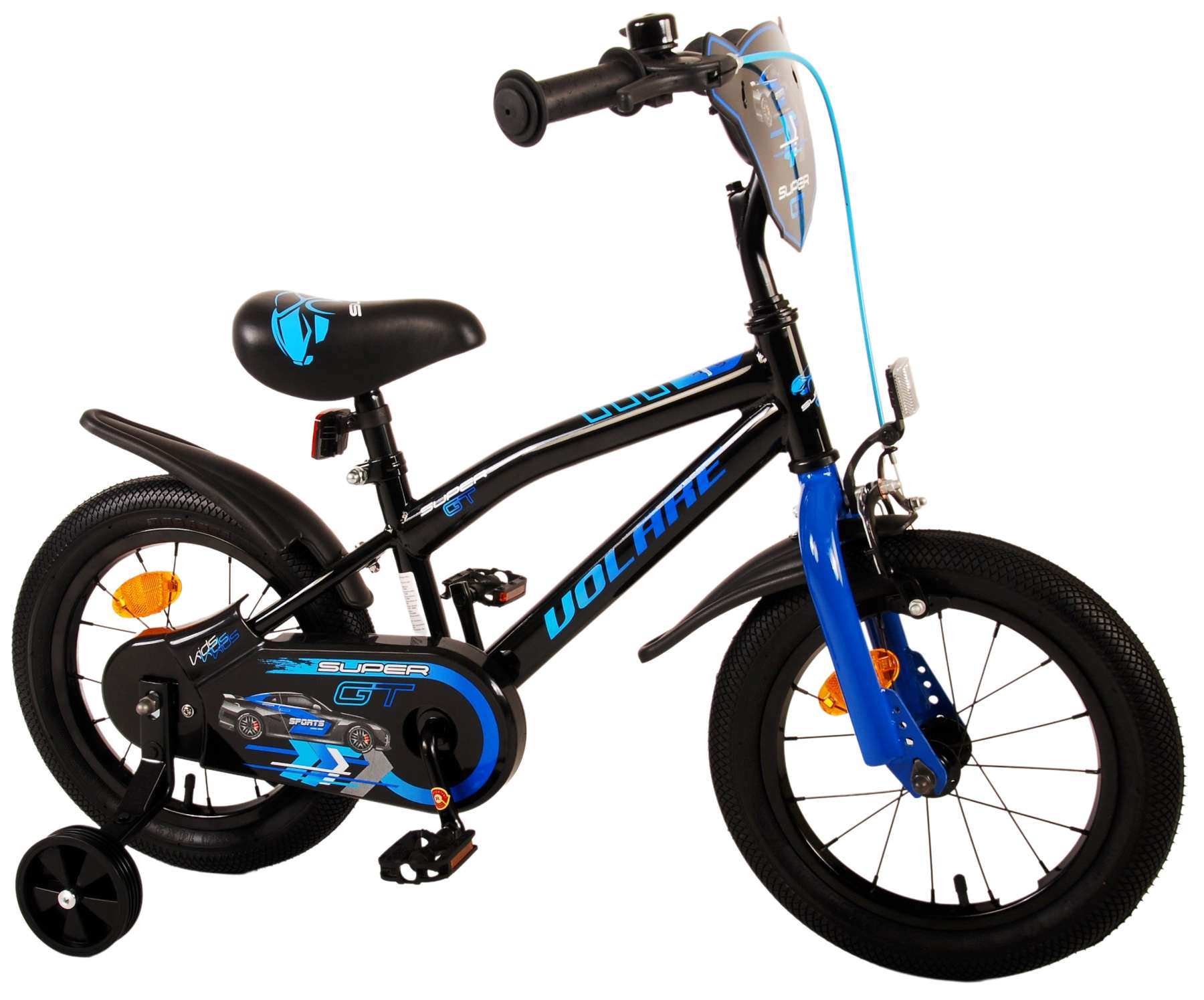 Schwarz-blaues Kinderfahrrad. Merkmale: Stützräder, Super GT-Design und Volare-Logo.