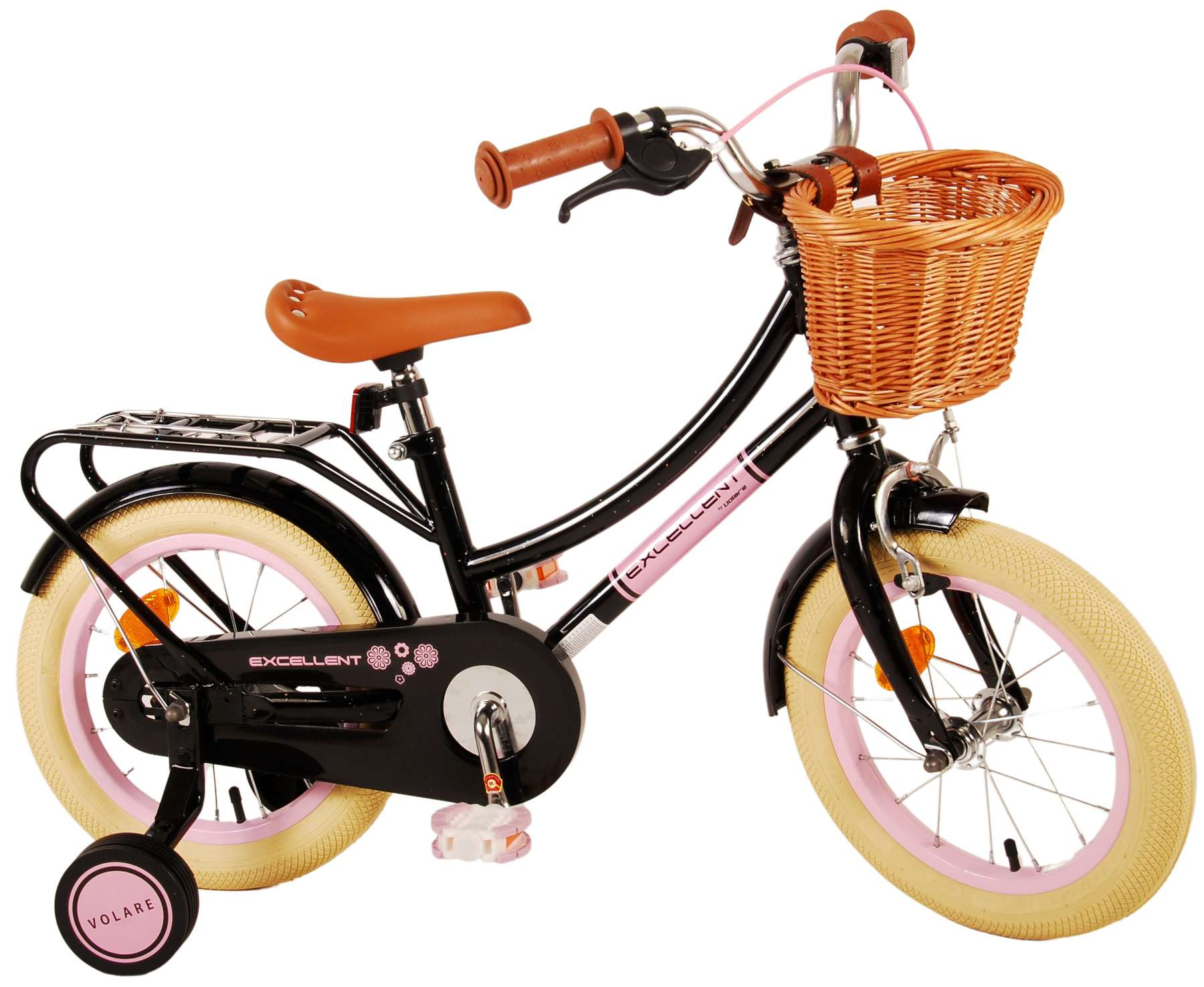 Schwarzes Fahrrad mit rosa Akzenten. Es hat einen Korb und Stützräder. Der Hintergrund ist weiß.