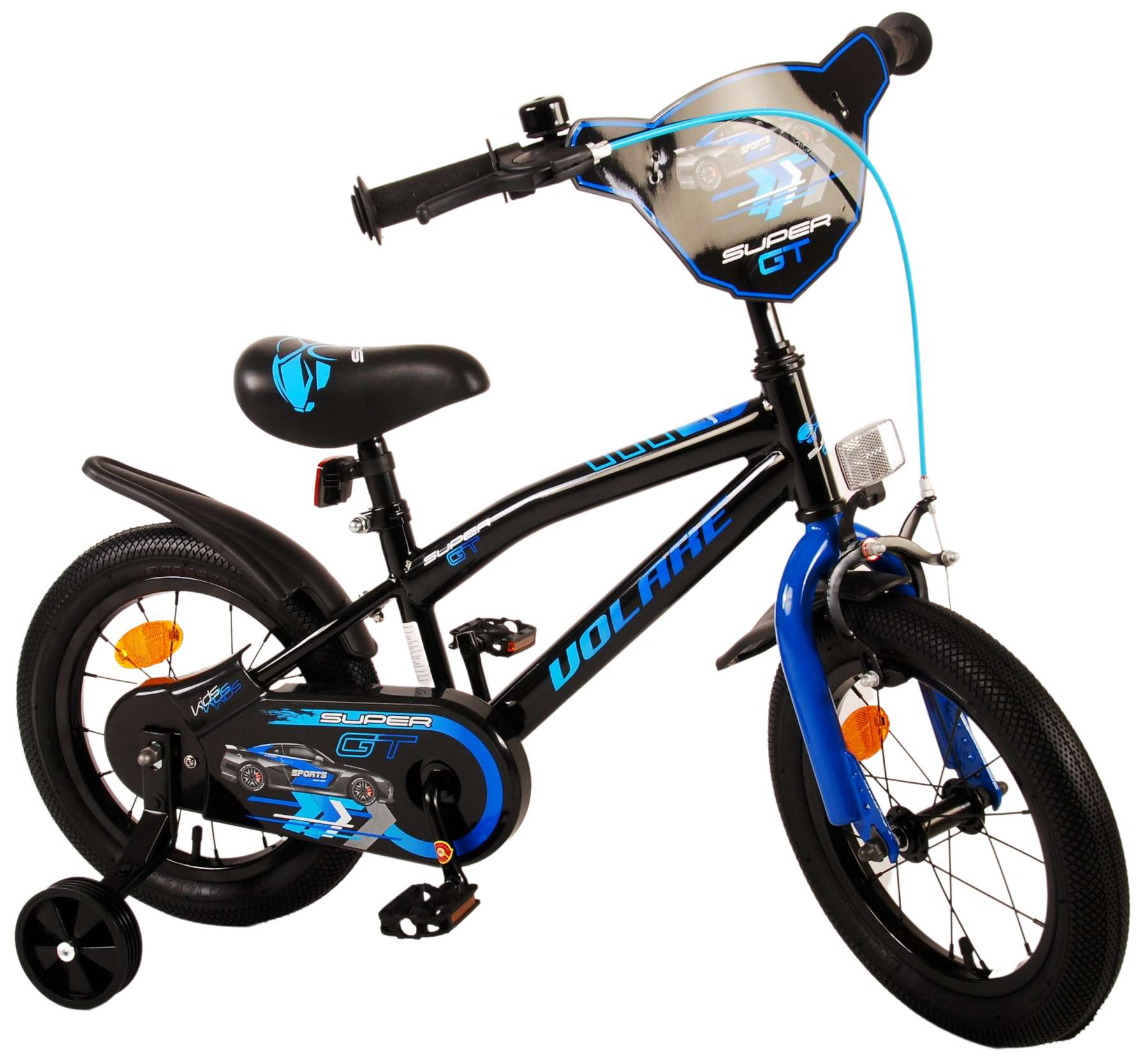 Schwarzes und blaues Kinderfahrrad mit Stützrädern. Verfügt über ein Super GT-Design auf dem Rahmen.