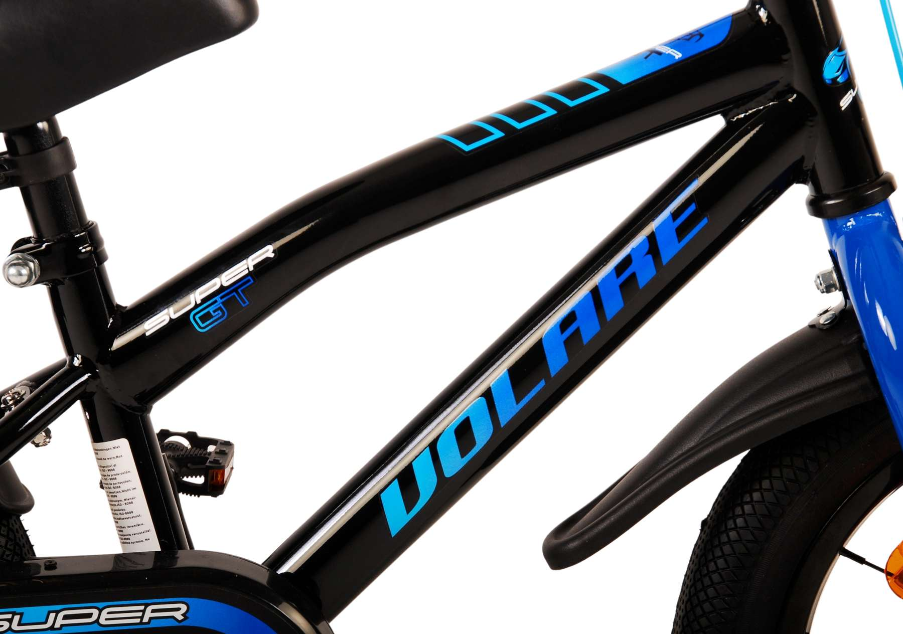 Schwarzer Fahrradrahmen mit blauem Volare-Logo. Der Rahmen hat ein Super GT-Etikett.
