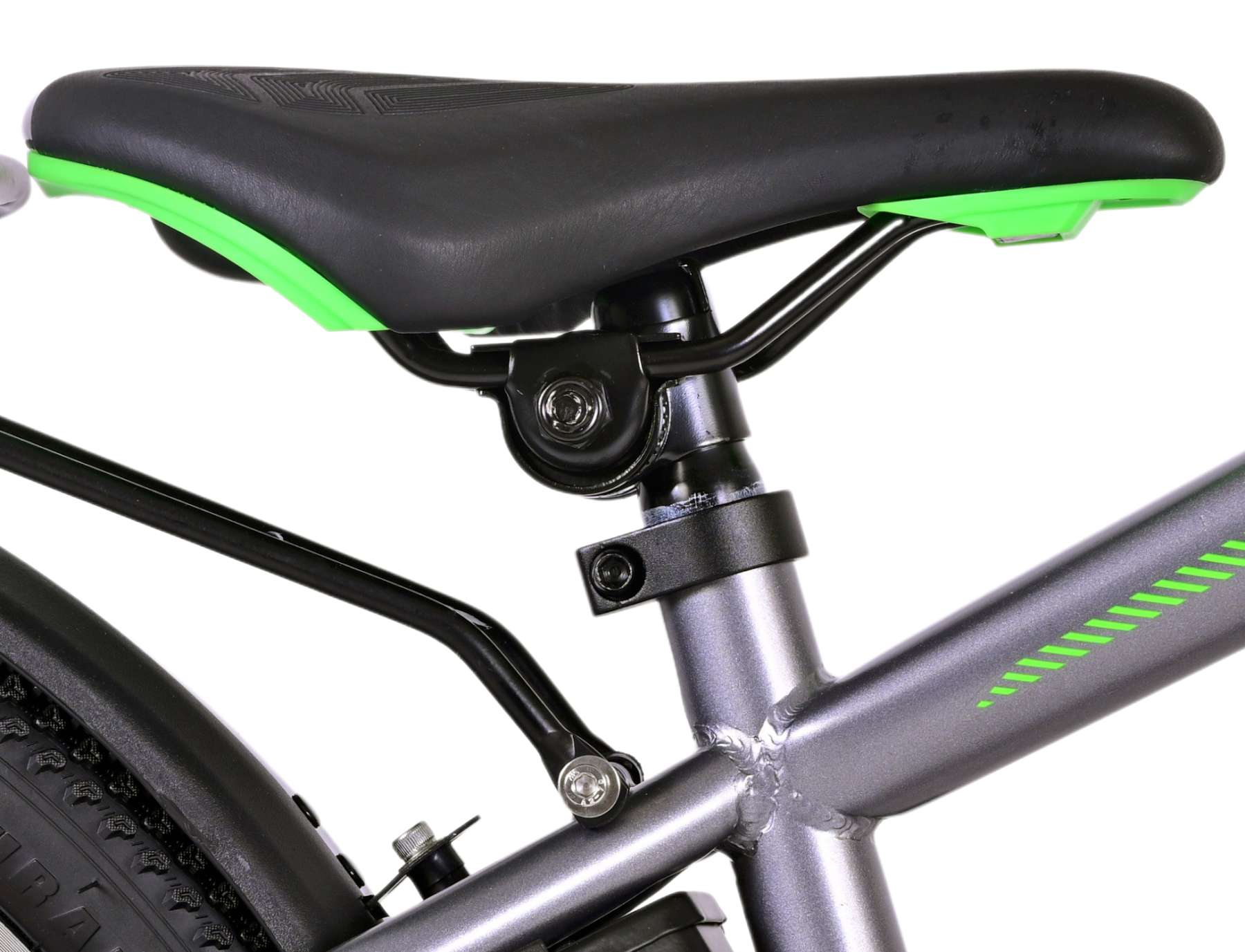 Grauer Fahrradsattel mit schwarzem Sitz, grünen Akzenten und grauem Rahmen.