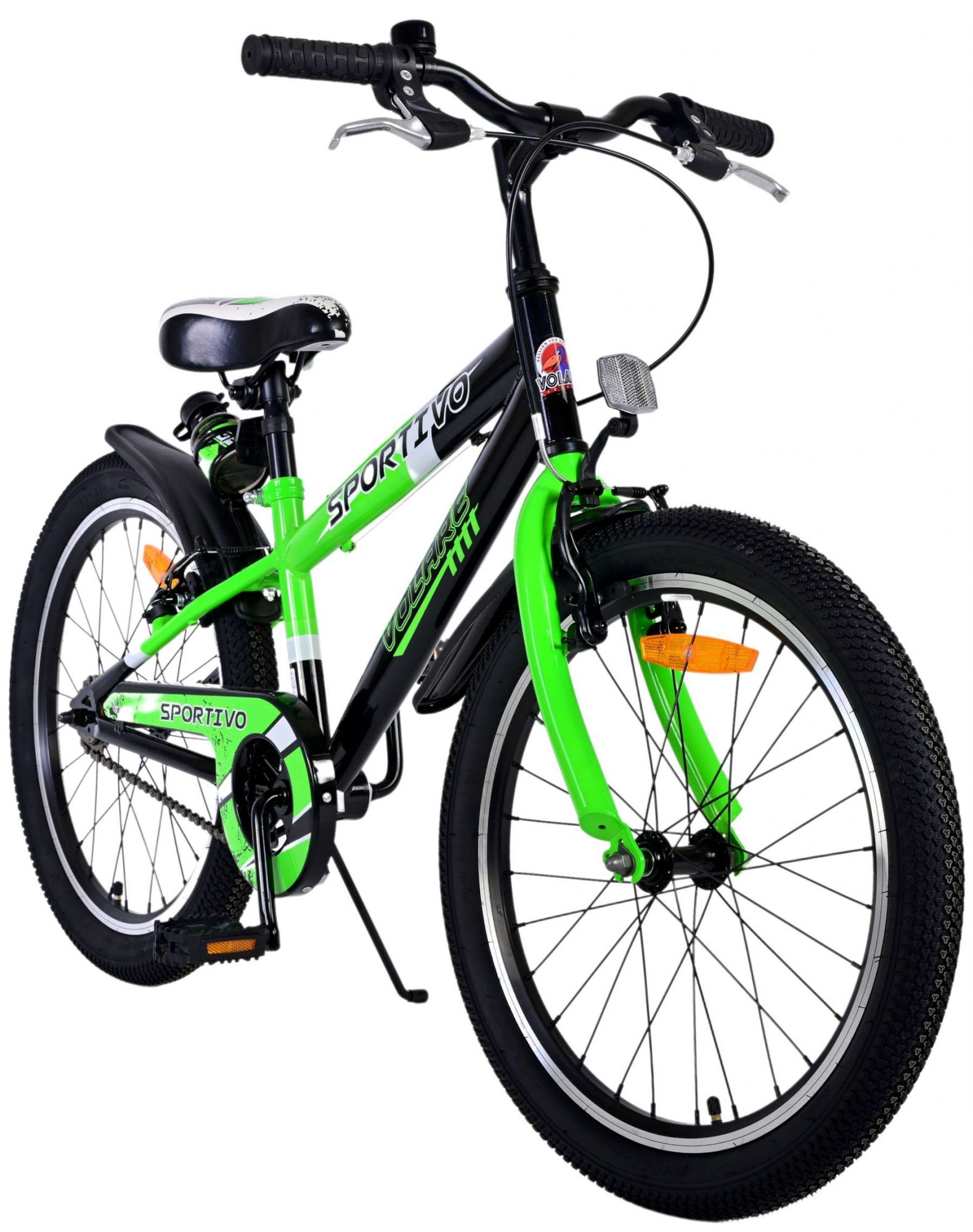 Schwarz-grünes Kinderfahrrad mit dem Wort 'Sportivo' auf dem Rahmen.