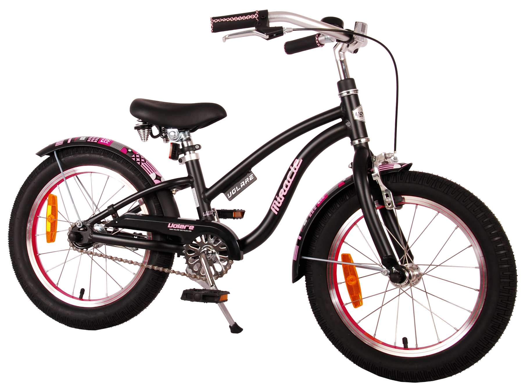 Ein schwarz-rosa Kinderfahrrad mit Stützrädern. Die Marke ist Volare Miracle.