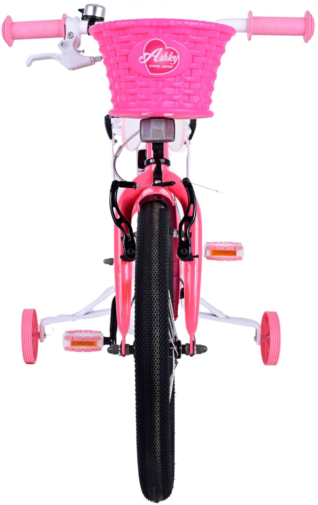 Ein rosa Kinderfahrrad mit Korb. Es hat Stützräder und einen schwarzen Reifen.