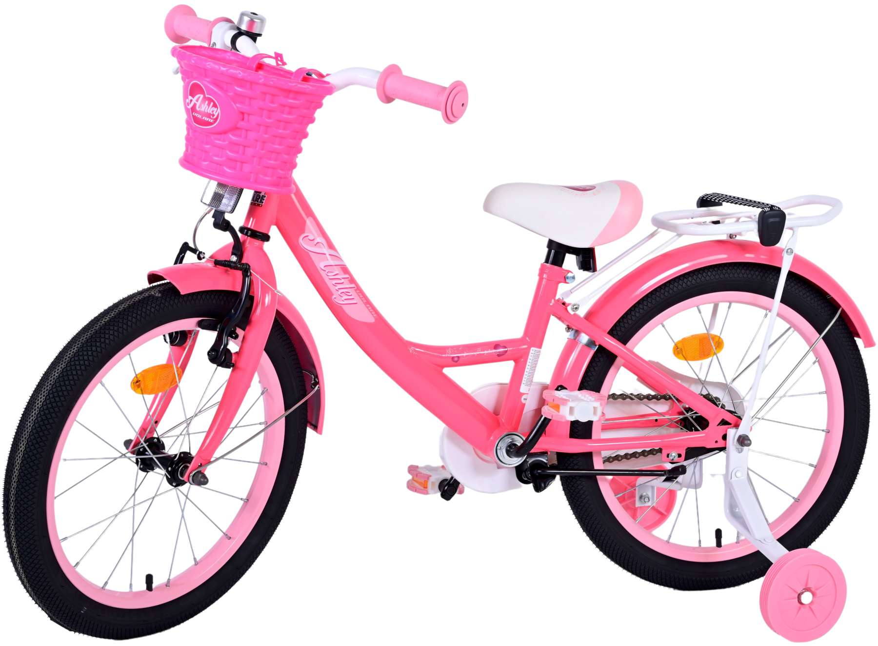 Rosa Kinderfahrrad mit Korb und Stützrädern. Weißer Sitz und rosa Rahmen.