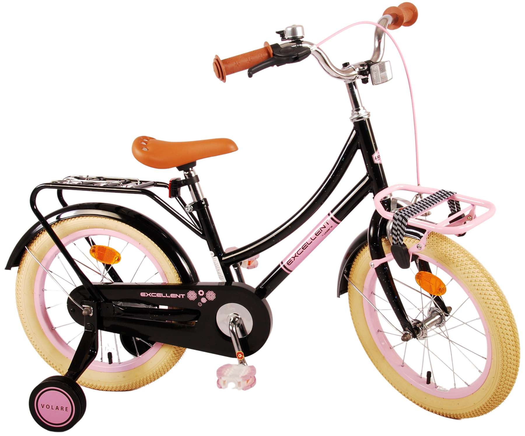Schwarzes und rosa Kinderfahrrad mit Stützrädern, Korb und braunem Sitz.