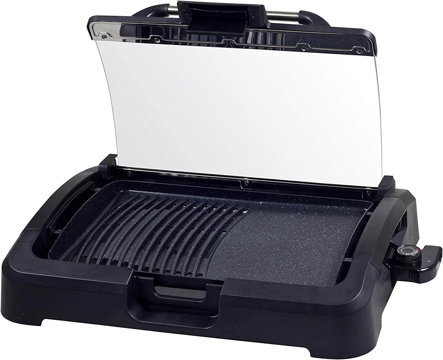 Schwarzer Elektrogrill mit offenem Deckel. Der Grill hat eine Antihaftbeschichtung.