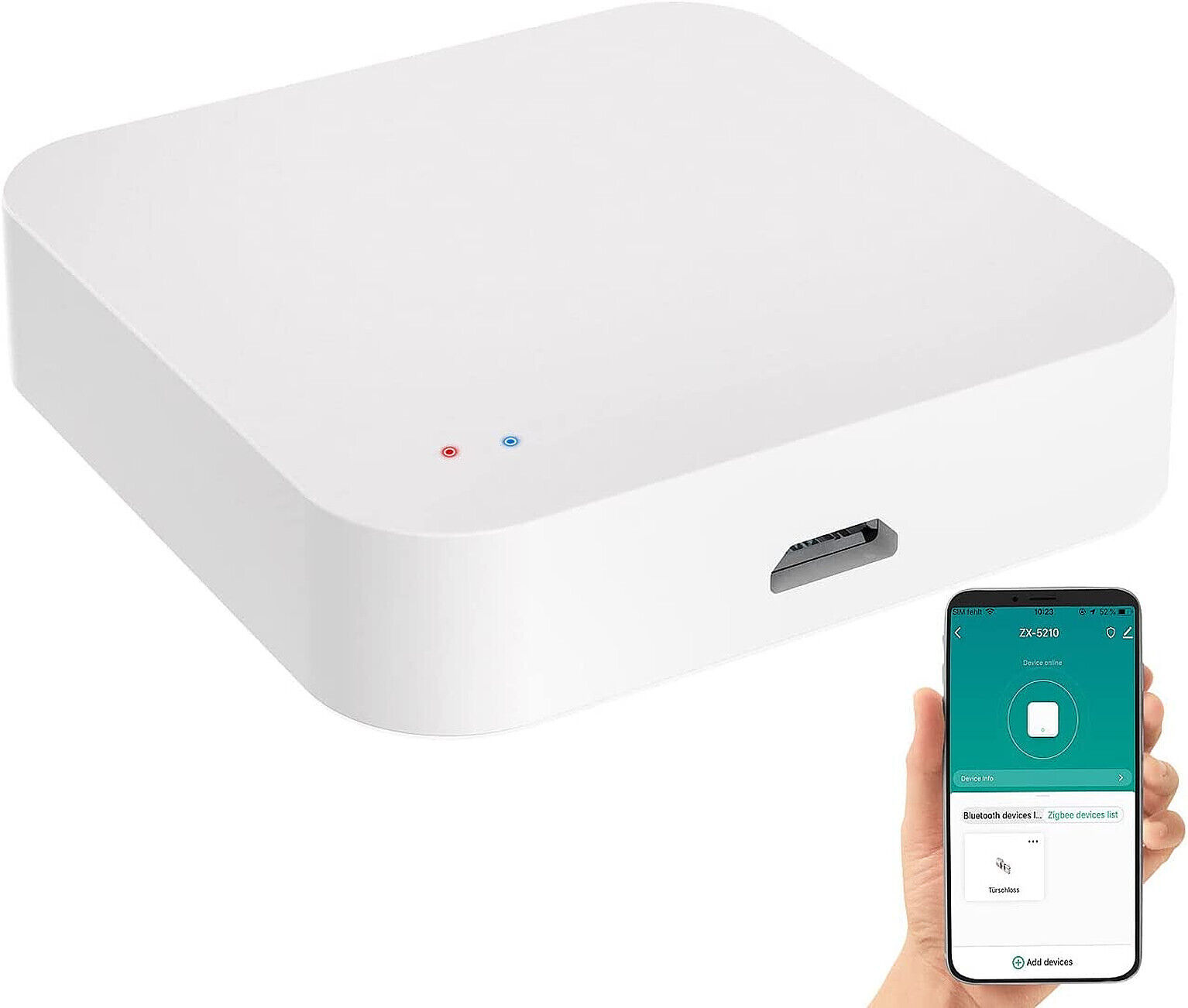 Ein weißes quadratisches Gerät mit zwei Lichtern und einem Anschluss. Ein Telefon zeigt eine Smart-Home-Oberfläche.