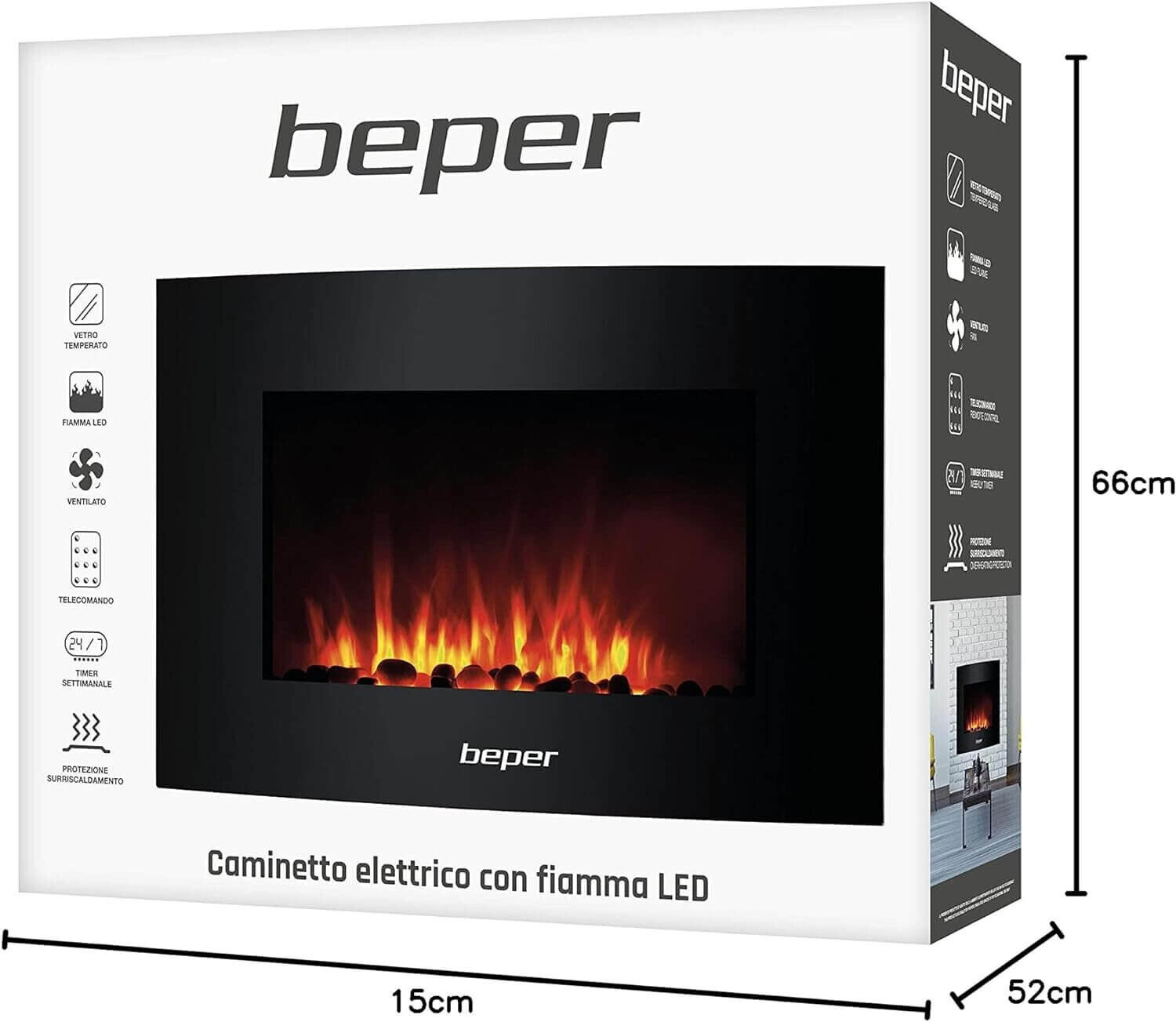 Elektrischer Kamin von Beper in einer Box. Schwarze Front, LED-Flammen. Abmessungen sind angegeben.