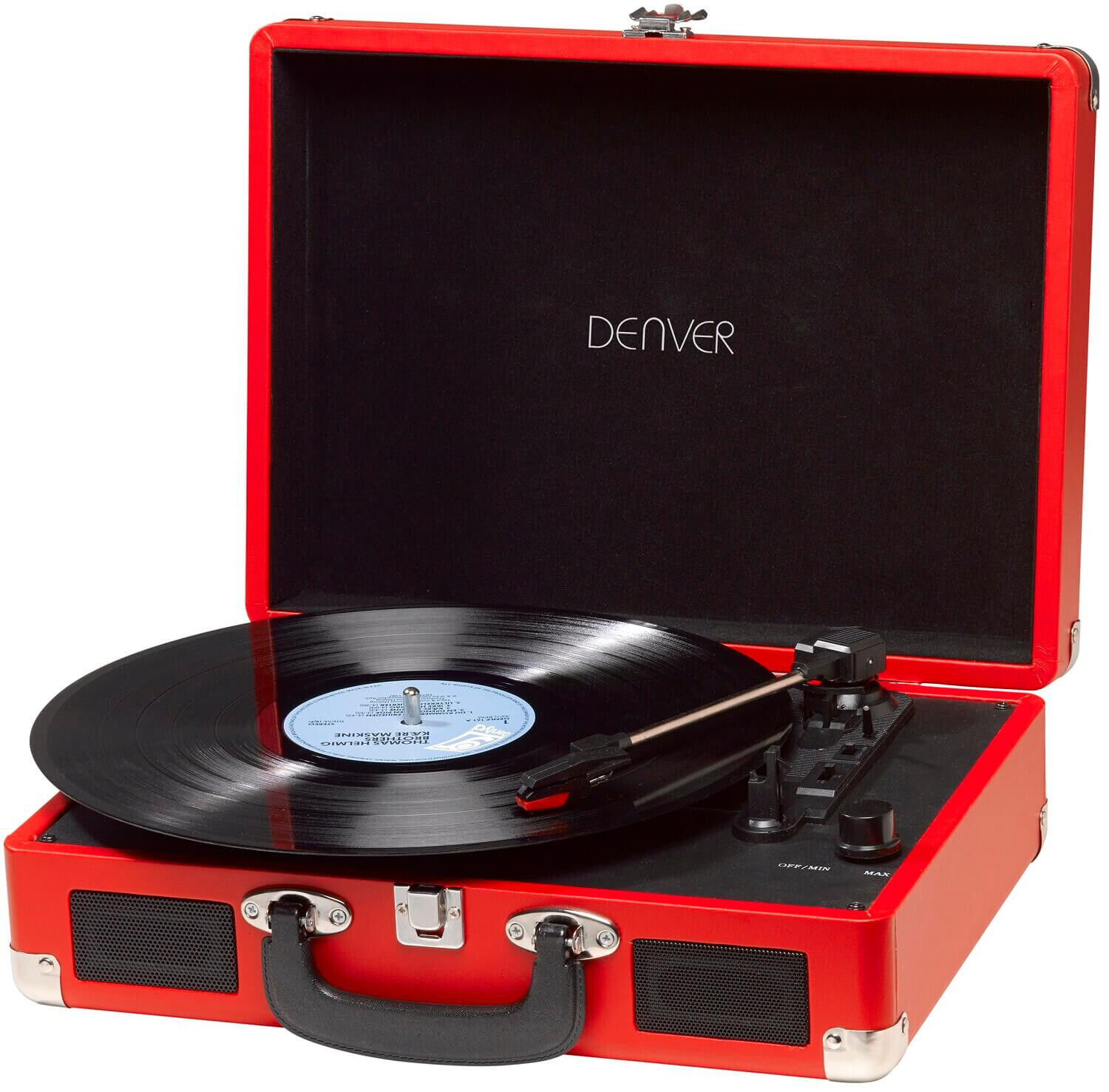 Tocadiscos de maleta roja, abierto. Un disco negro en el tocadiscos. El interior es negro.