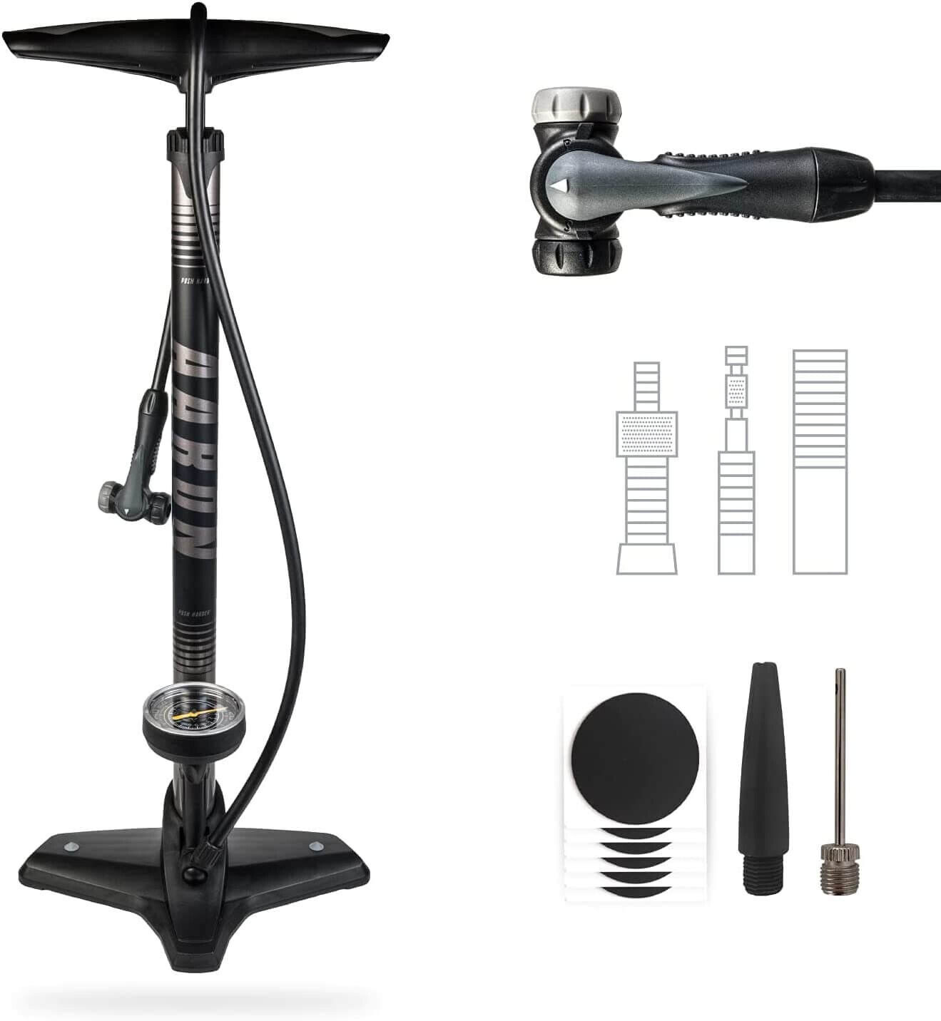 Fahrradpumpe mit Manometer, Schlauch und verschiedenen Aufsätzen. Schwarz und Silber.