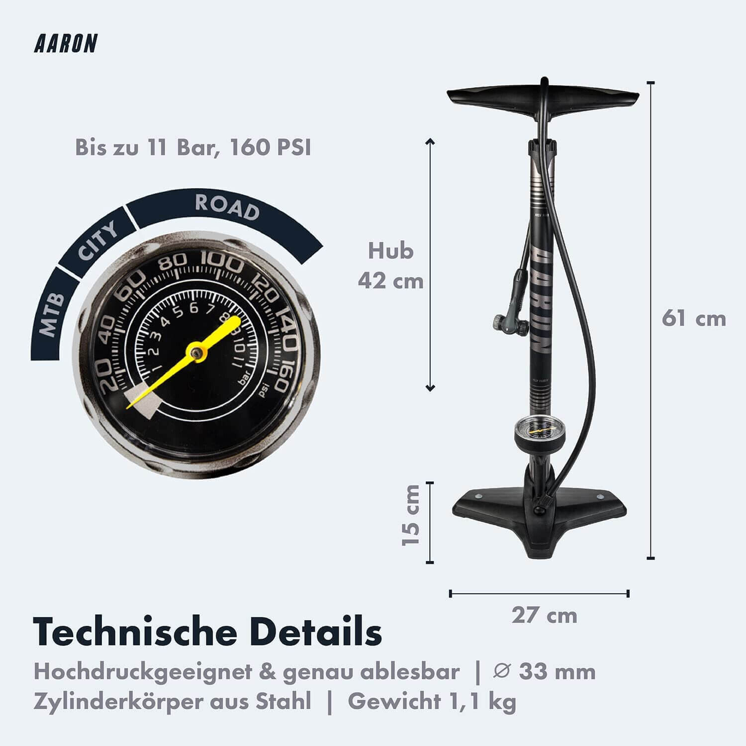Eine schwarz-silberne Fahrradpumpe mit Manometer. Die Pumpe hat Text auf Deutsch und Maßangaben.