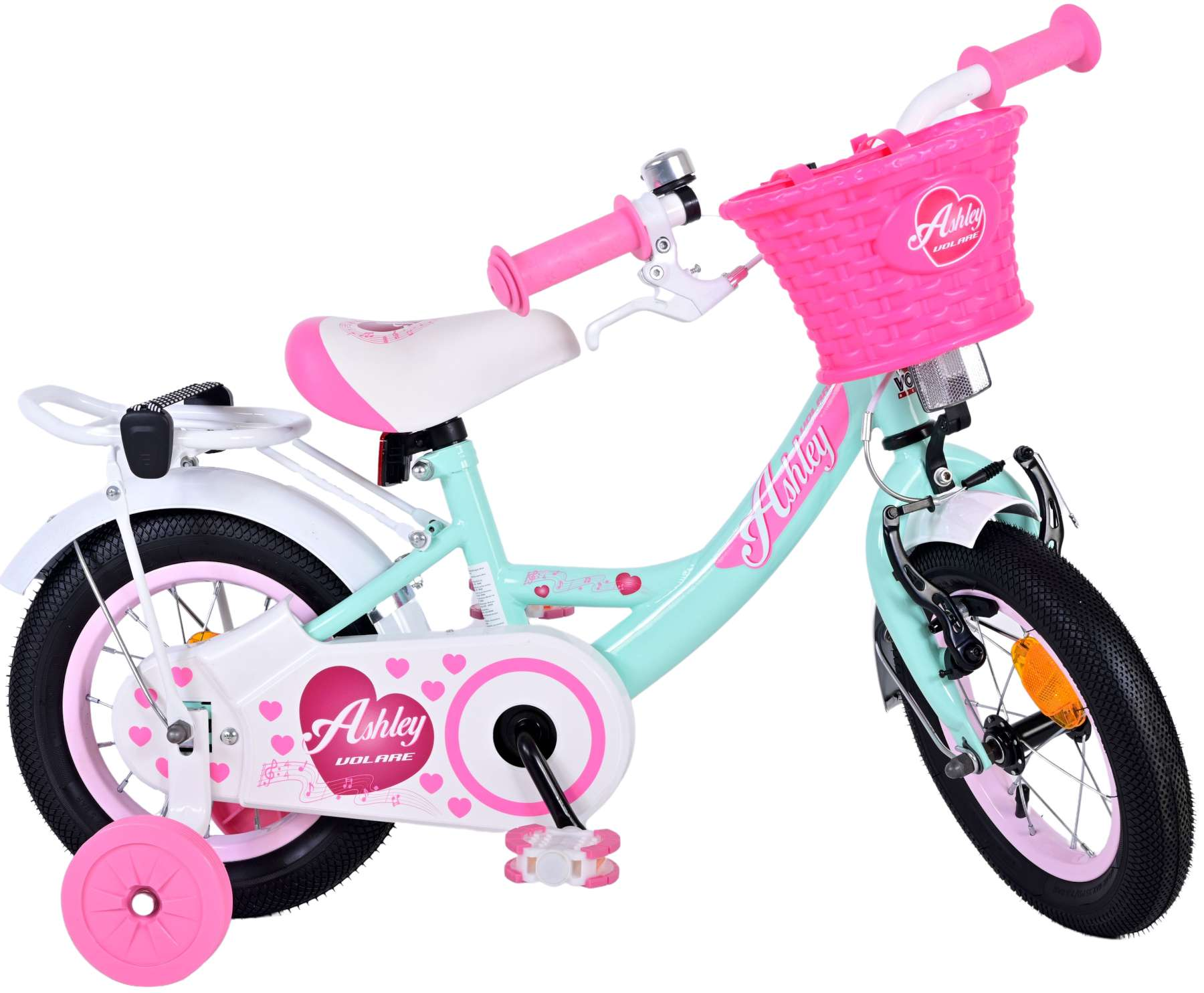 Ein rosa und hellblaues Mädchenfahrrad mit Korb, Stützrädern und dem Wort "Ashley".
