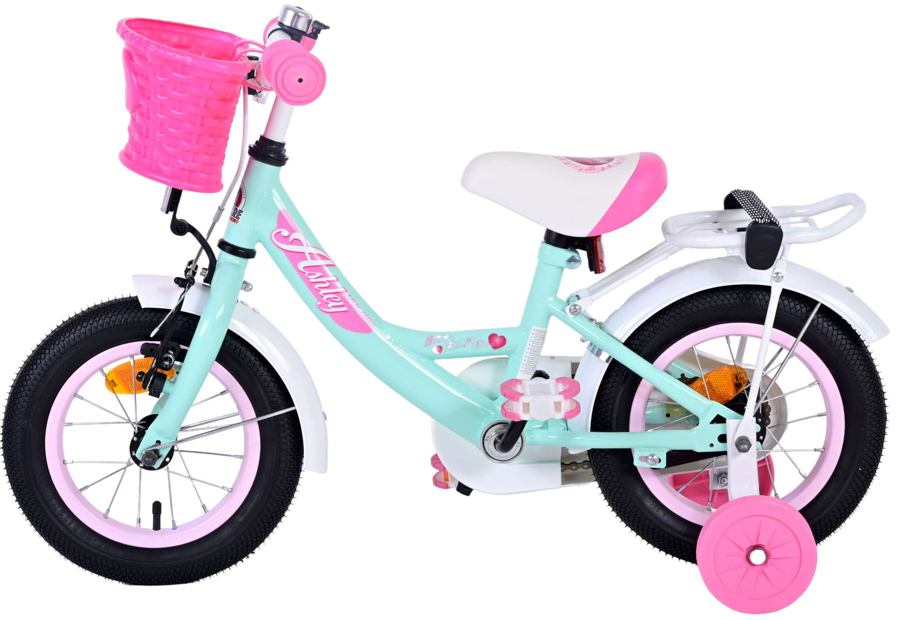 Rosa-weißes Mädchenfahrrad. Es hat einen rosa Korb und Stützräder. Die Marke ist Ashly.