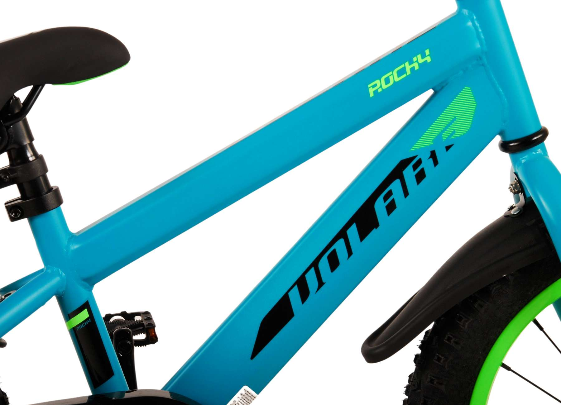 Blauer Fahrradrahmen mit den Wörtern 'Volare' und 'Rocky'.