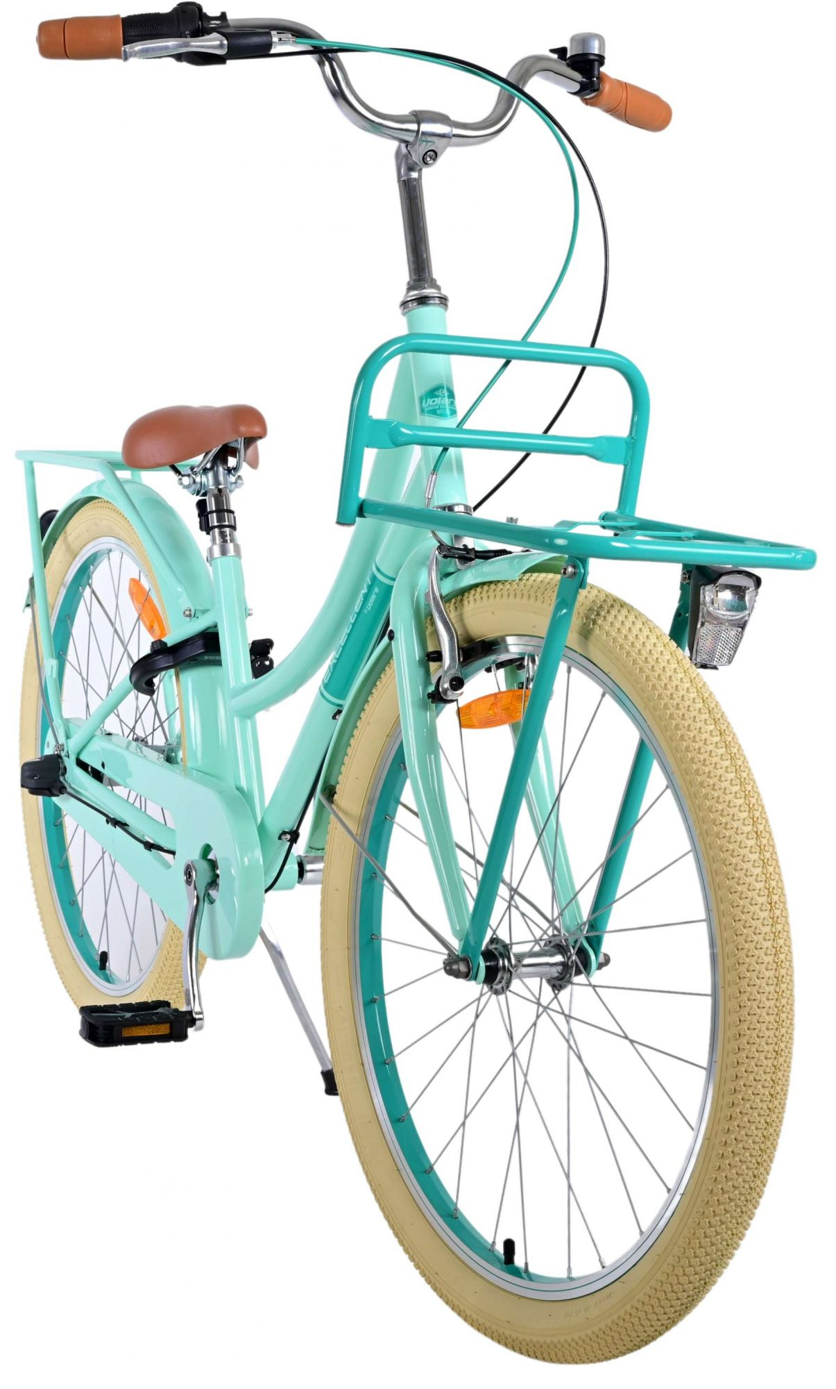 Minzgrünes Fahrrad mit braunem Sattel und Lenker sowie cremefarbenen Reifen.