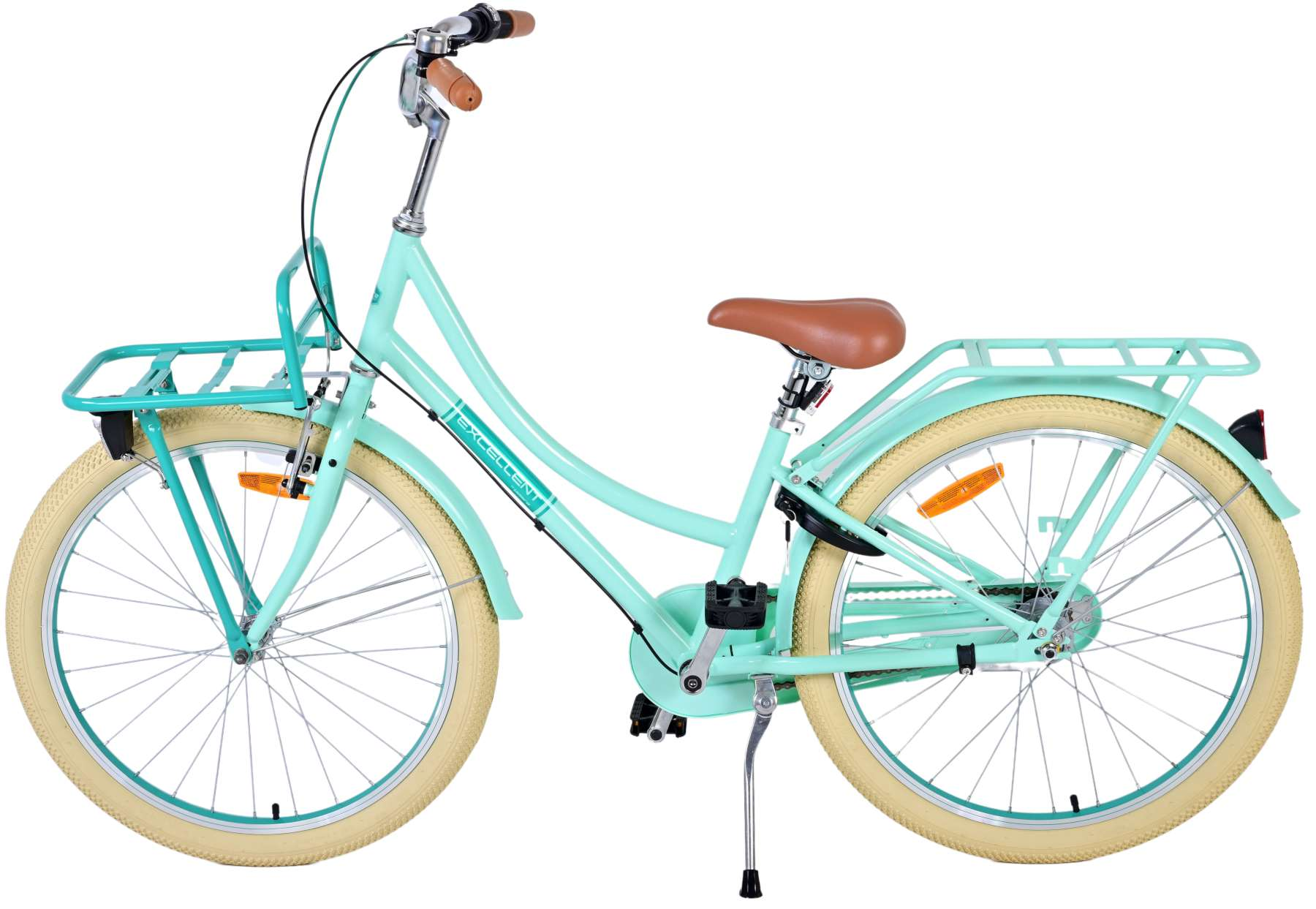 Minzgrünes Fahrrad mit hellbeigen Reifen und braunem Sitz, Korb vorne.