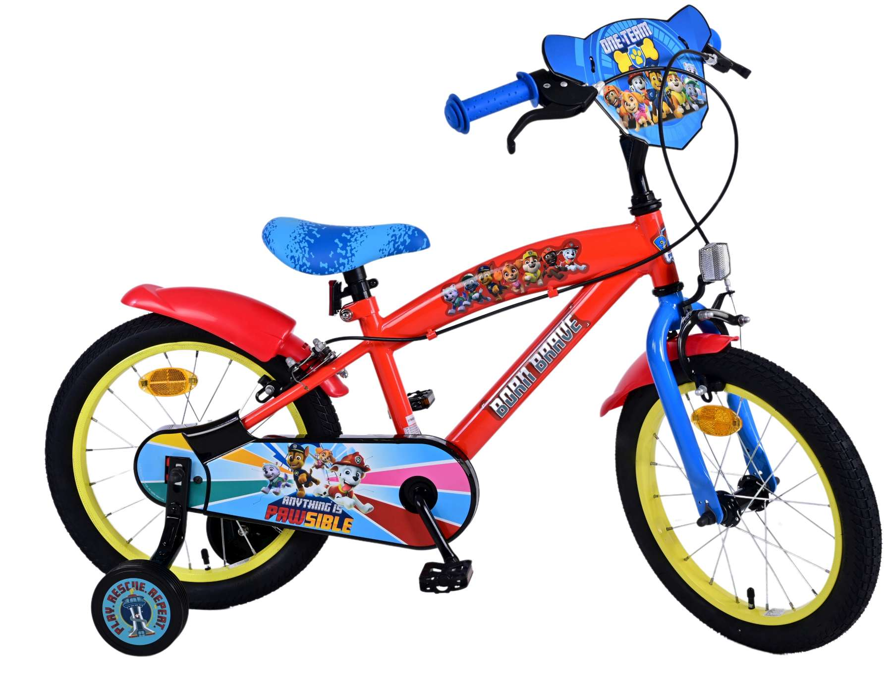 Rotes Kinderfahrrad mit Paw Patrol-Motiv, blauen Akzenten und Stützrädern.